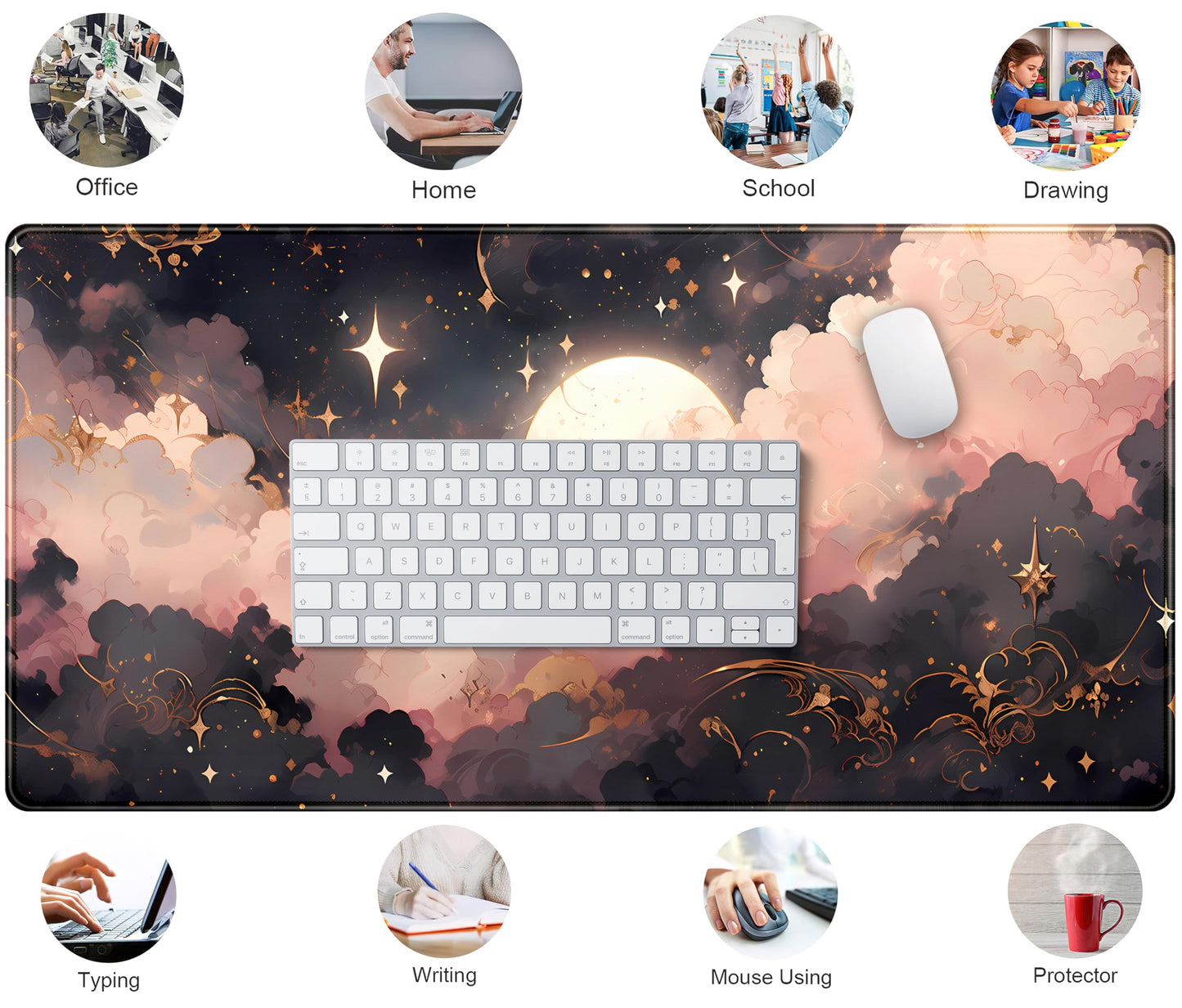 Pink Black Clouds Desk Mat XXL Large Extended Gaming Mouse Pad Celestial Mousepad with Stitched