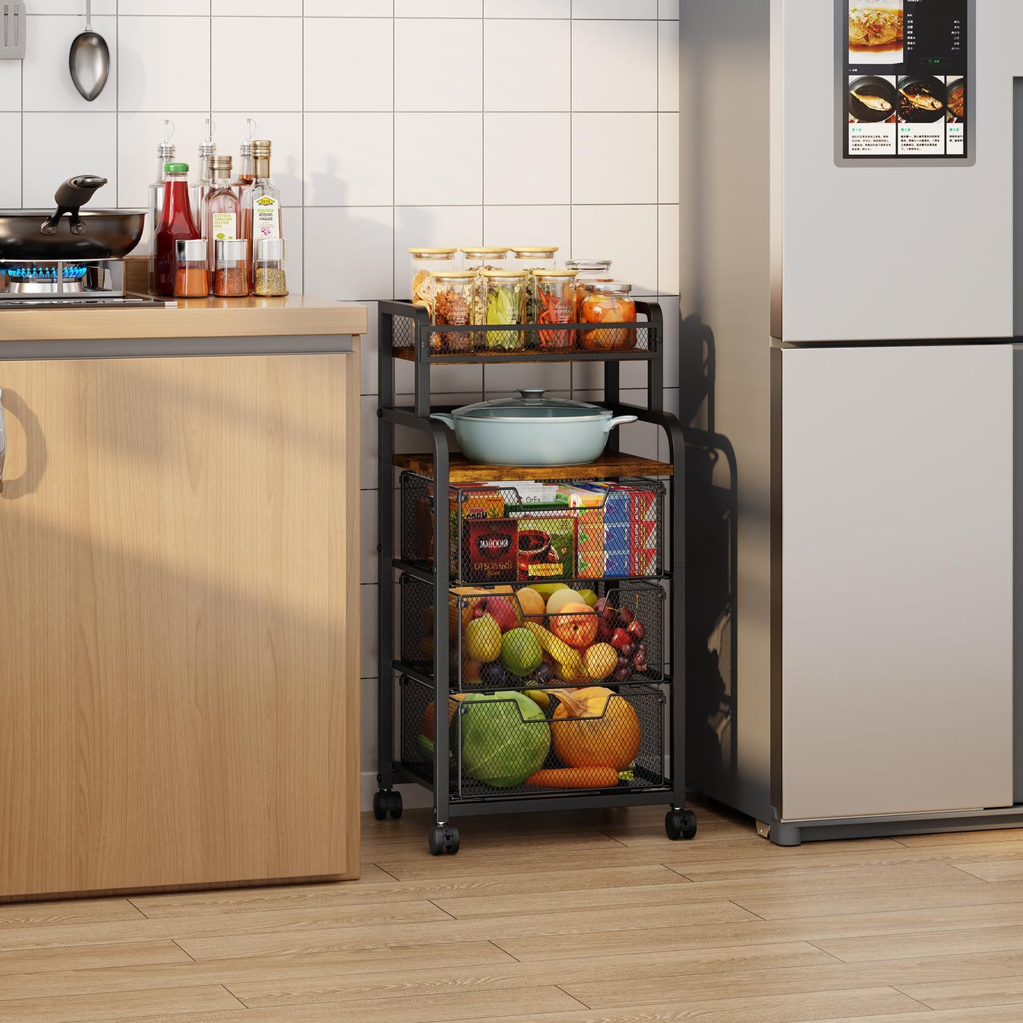 Yociyoga Fruit Vegetable Storage Cart, Kitchen Rolling Cart with Wheels, 4 Tier Pantry Organizer