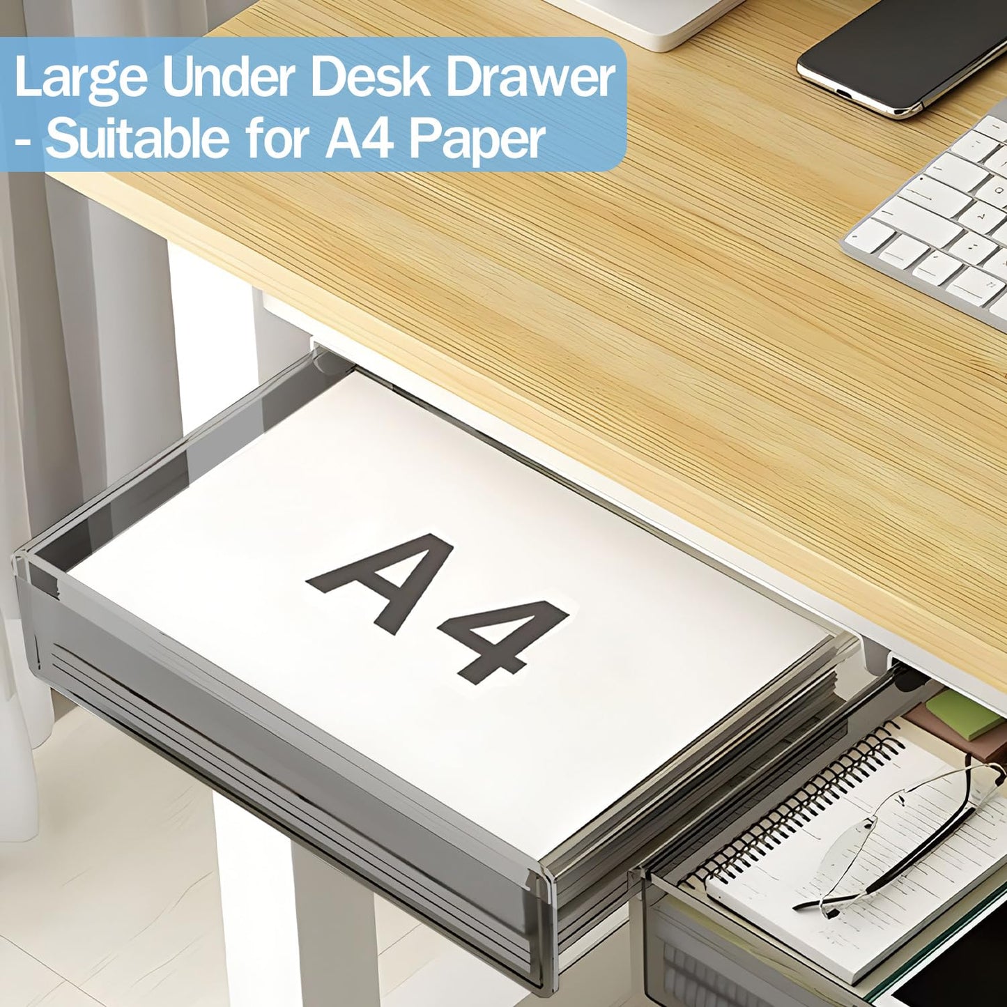 SVNNELP Large Under Desk Table Drawer Storage Organizer A4, Hidden Self-Adhesive Under Desk Pencil