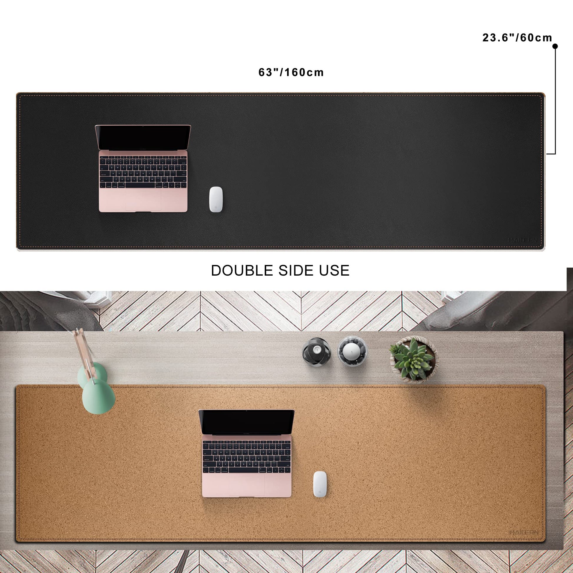 MAIDERN Cork & Leather Desk Pad, 63” x 23.6” Large XXL Desk Ma (Black)
