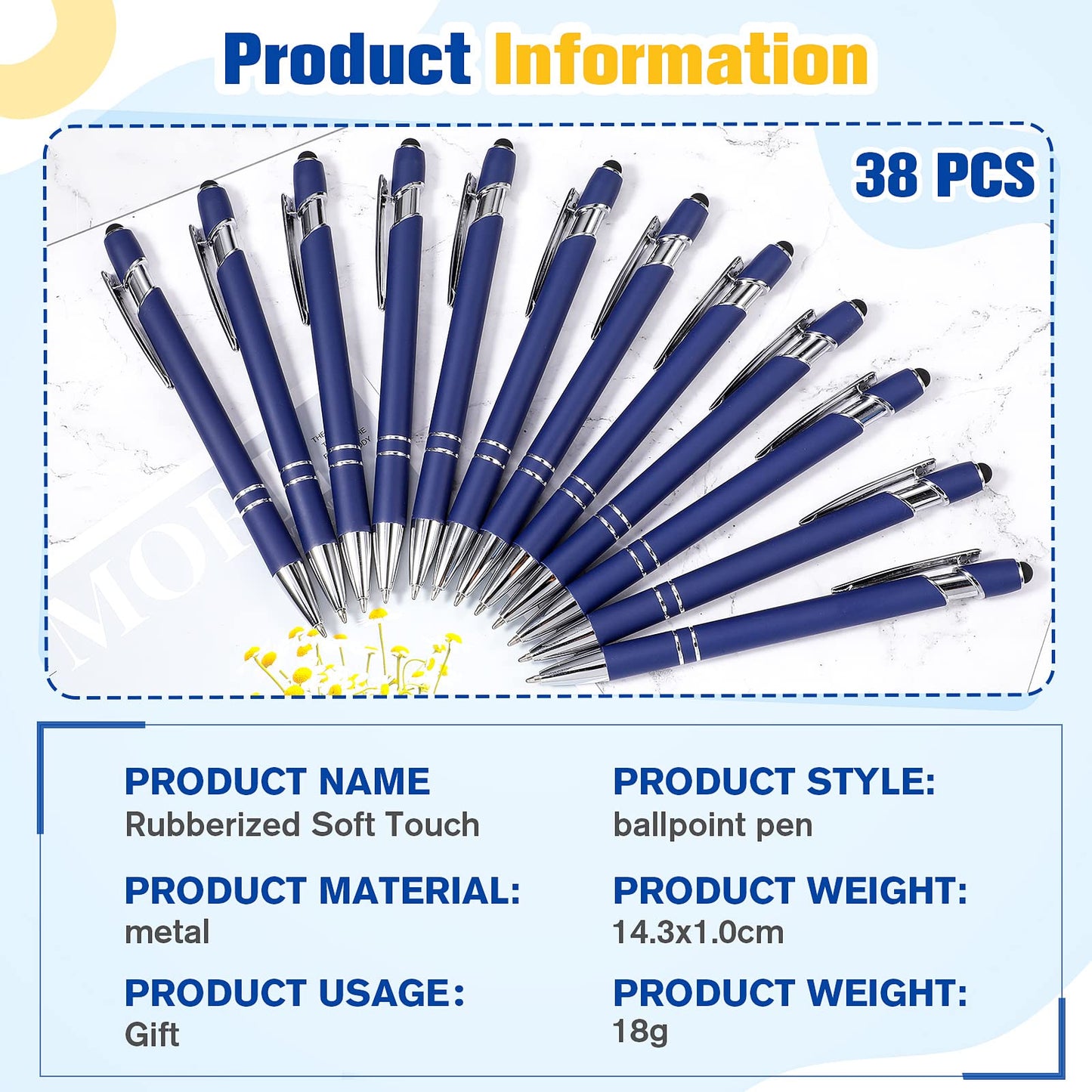 Zonon 38 Pcs Stylus Ballpoint Pens, Metal Rubberized Grip, Dark Blue