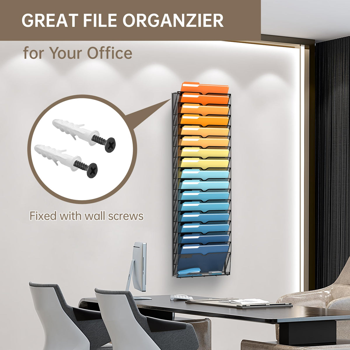 17-Tier Hanging Wall File Organizer with Hooks for Office Organization