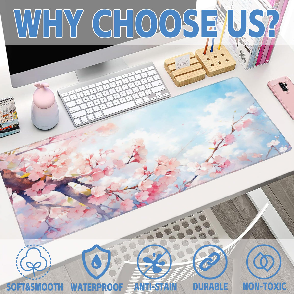 Large Gaming Mouse Pad for Desk,Cherry Blossom Tree Desk Mat for Desktop,Watercolor Floral Desk