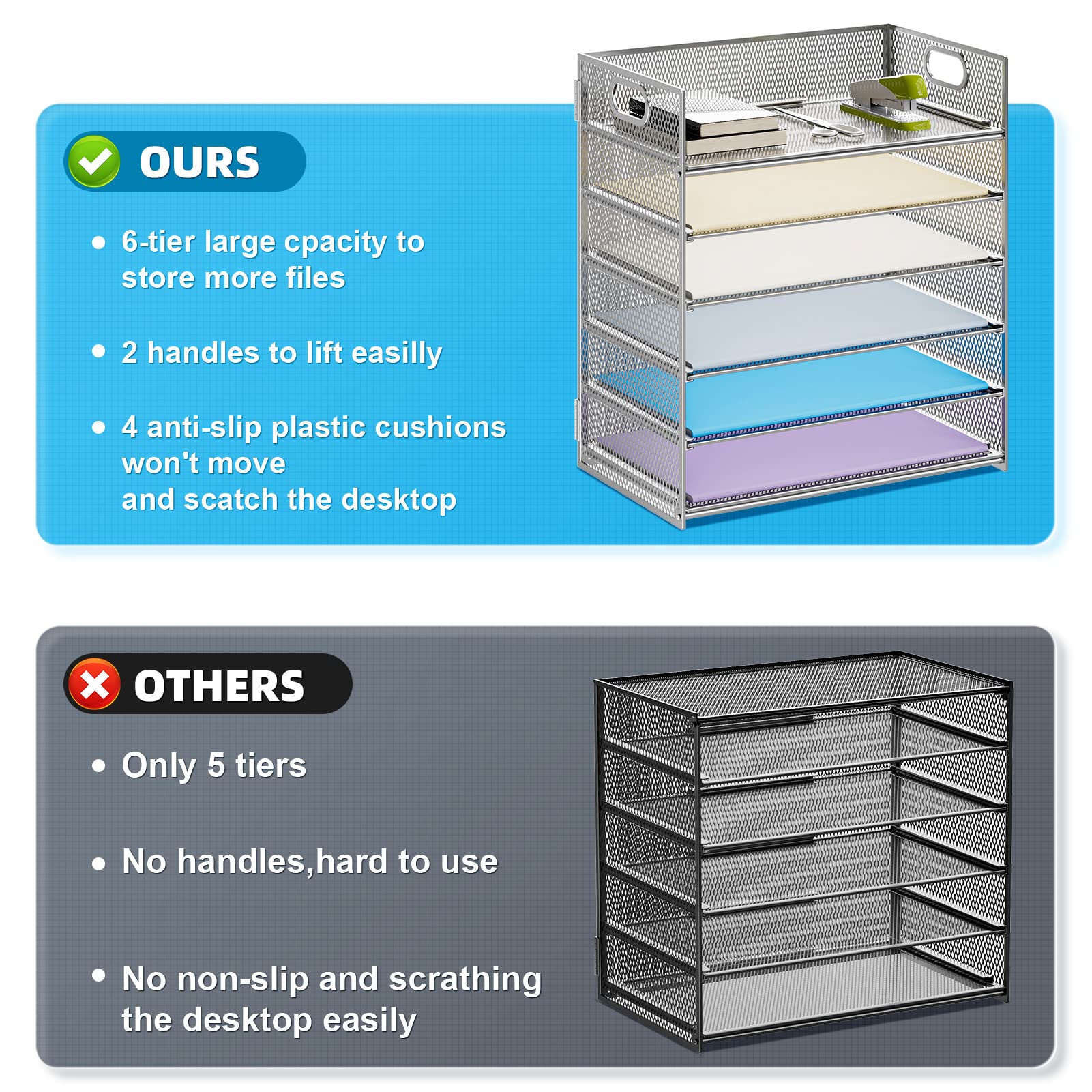 Marbrasse Paper Letter Tray - 6 Tier Mesh File Organizer with Handle, Paper Sorter for Letter/A4