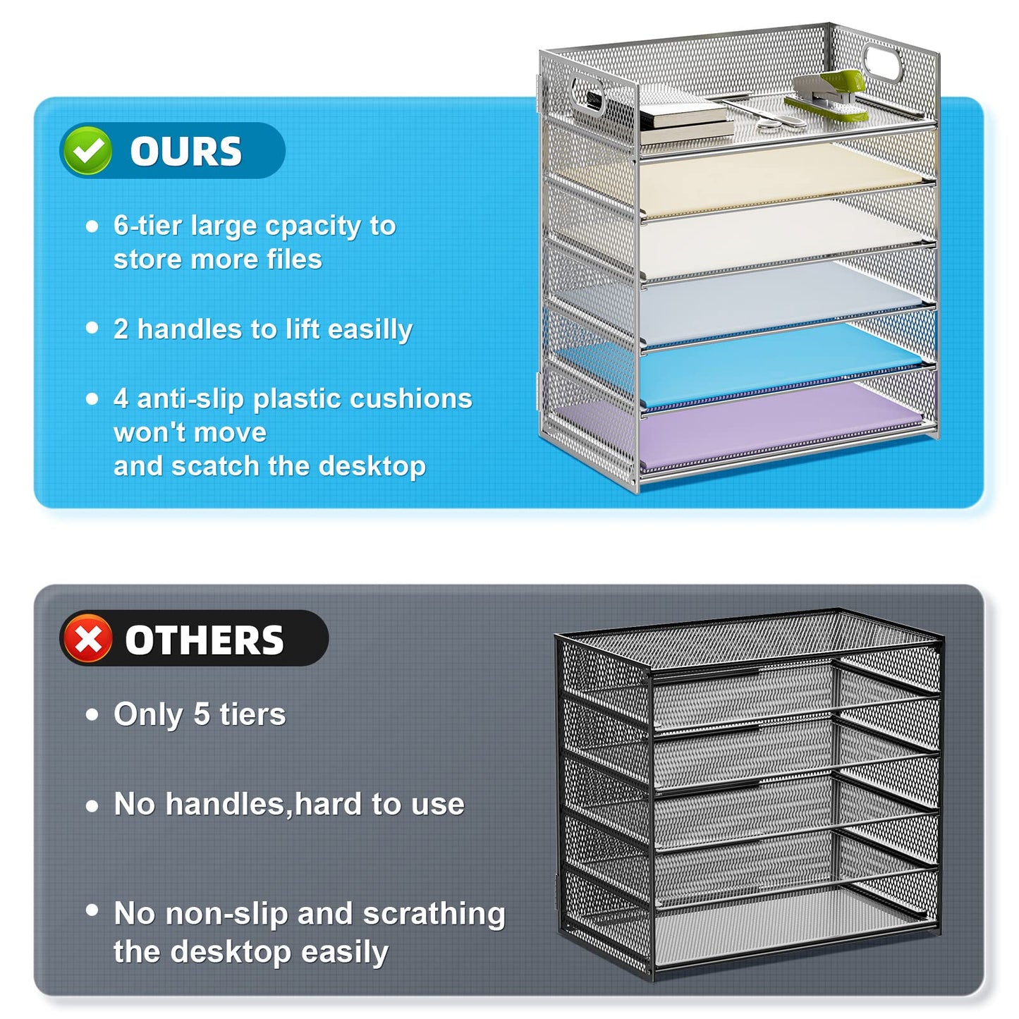 Marbrasse 2 Pack Desk Organizer with Handle, 6 Tier Paper Letter Tray, Mesh Desk File Organizer for