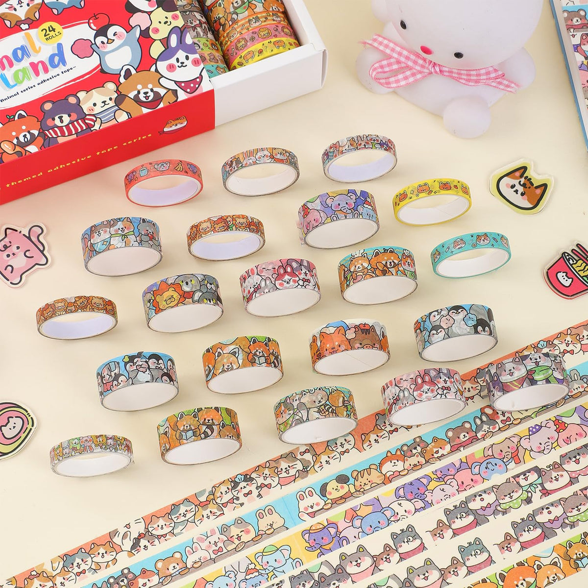 24 Rolls Colorful Cute Cartoon Animal Writable Washi Tape Set, Decorative Tapes for Scrapbooking