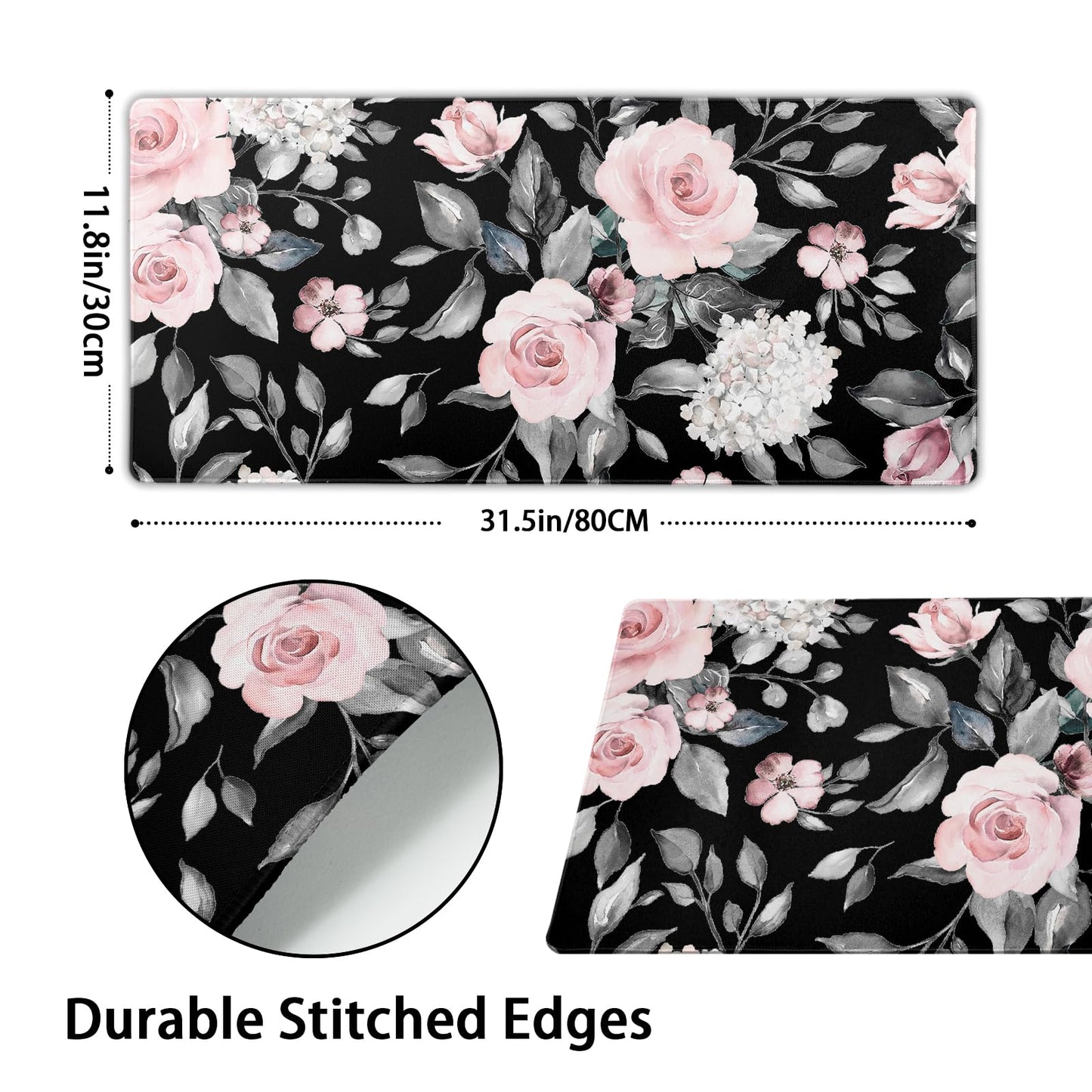 Floral Extended Gaming Mouse Pad Non-Slip Rubber Base Black Large Mousepad 31.5x11.8in with