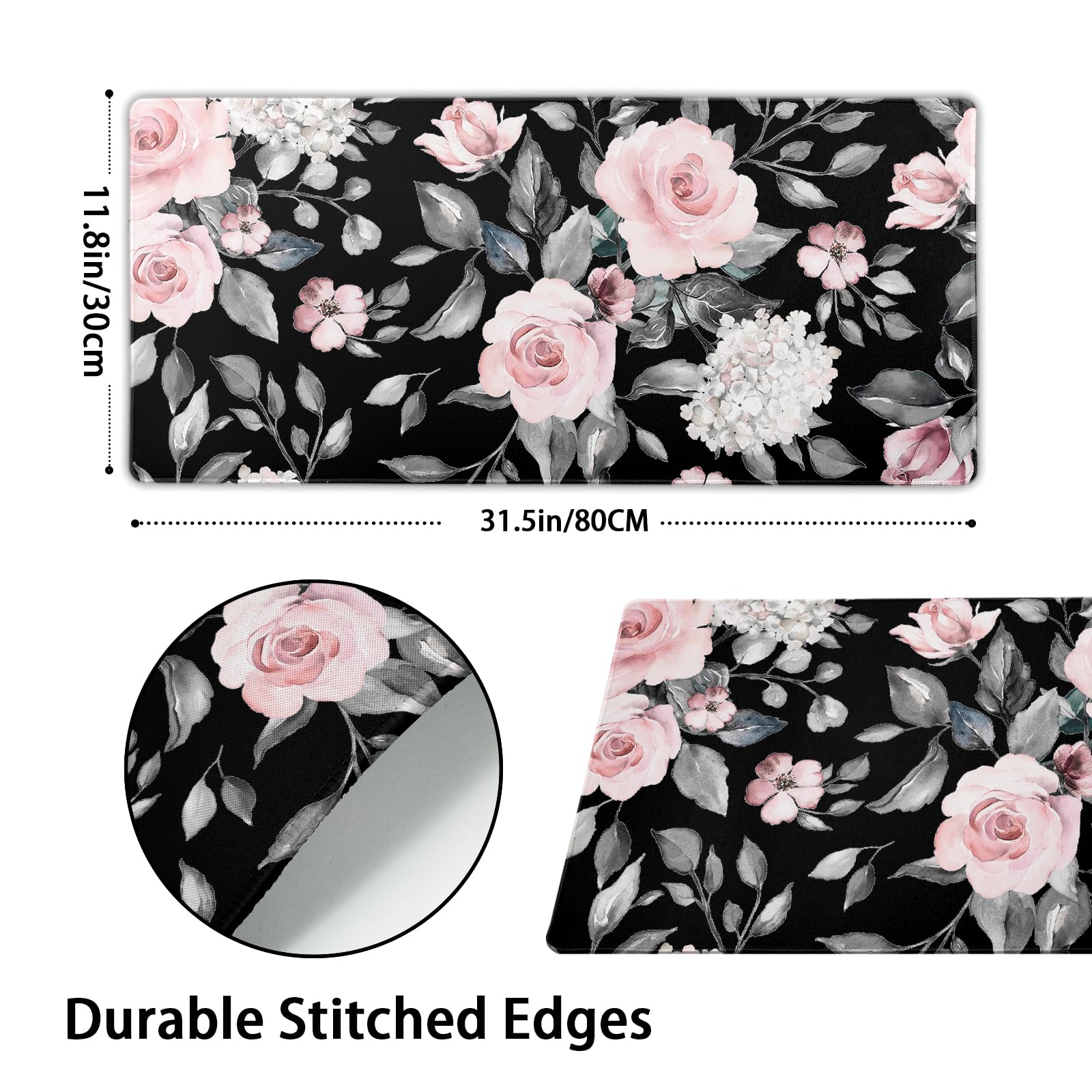 Floral Extended Gaming Mouse Pad Non-Slip Rubber Base Black Large Mousepad 31.5x11.8in with