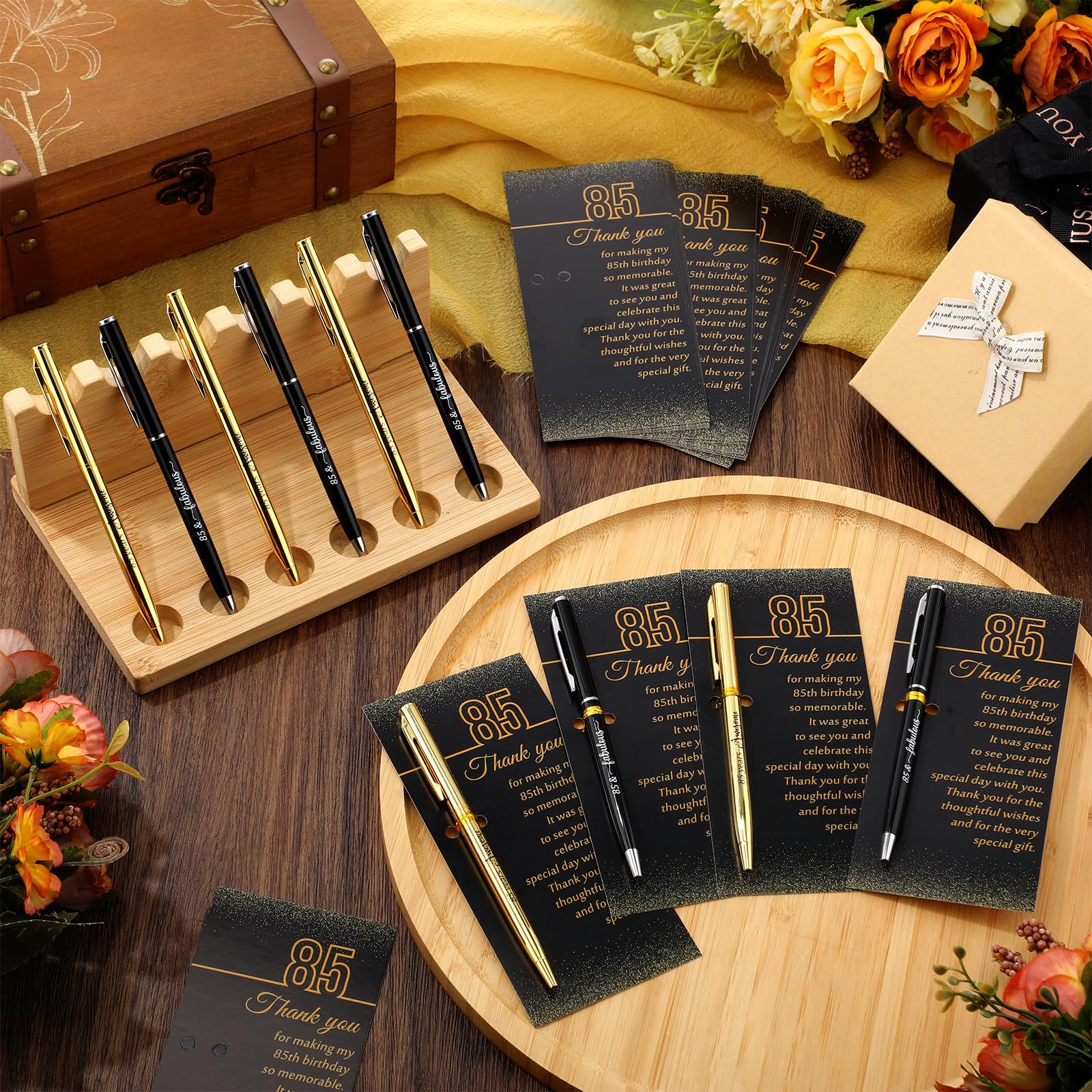 Feifeiya 85th Birthday Party Favors with Black Gold Pens Thank You Cards