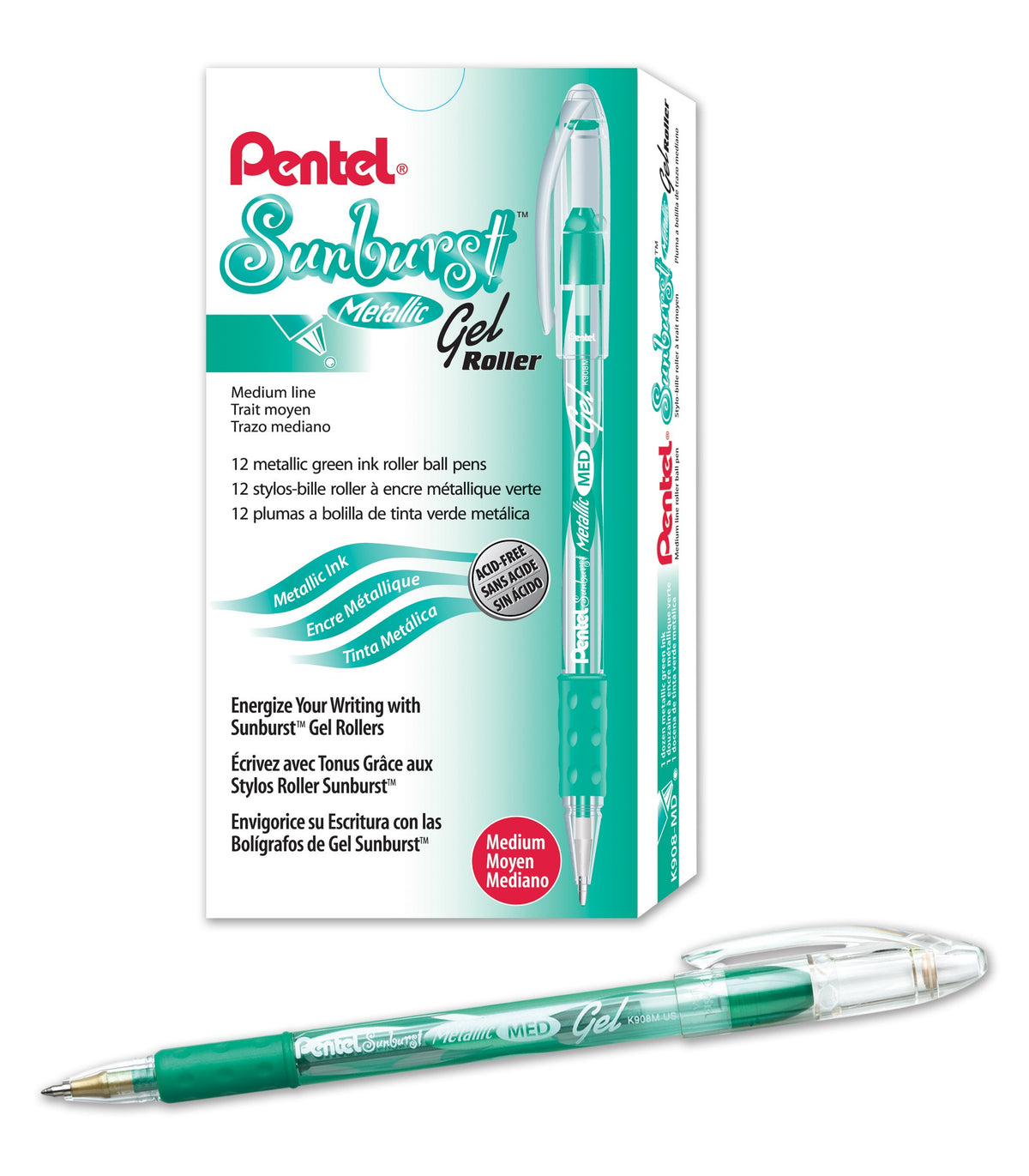 Pentel Sunburst Metallic Gel Pen, 0.8mm Tip Writes 0.4mm Line, Green/Transparent Barrel Green Ink