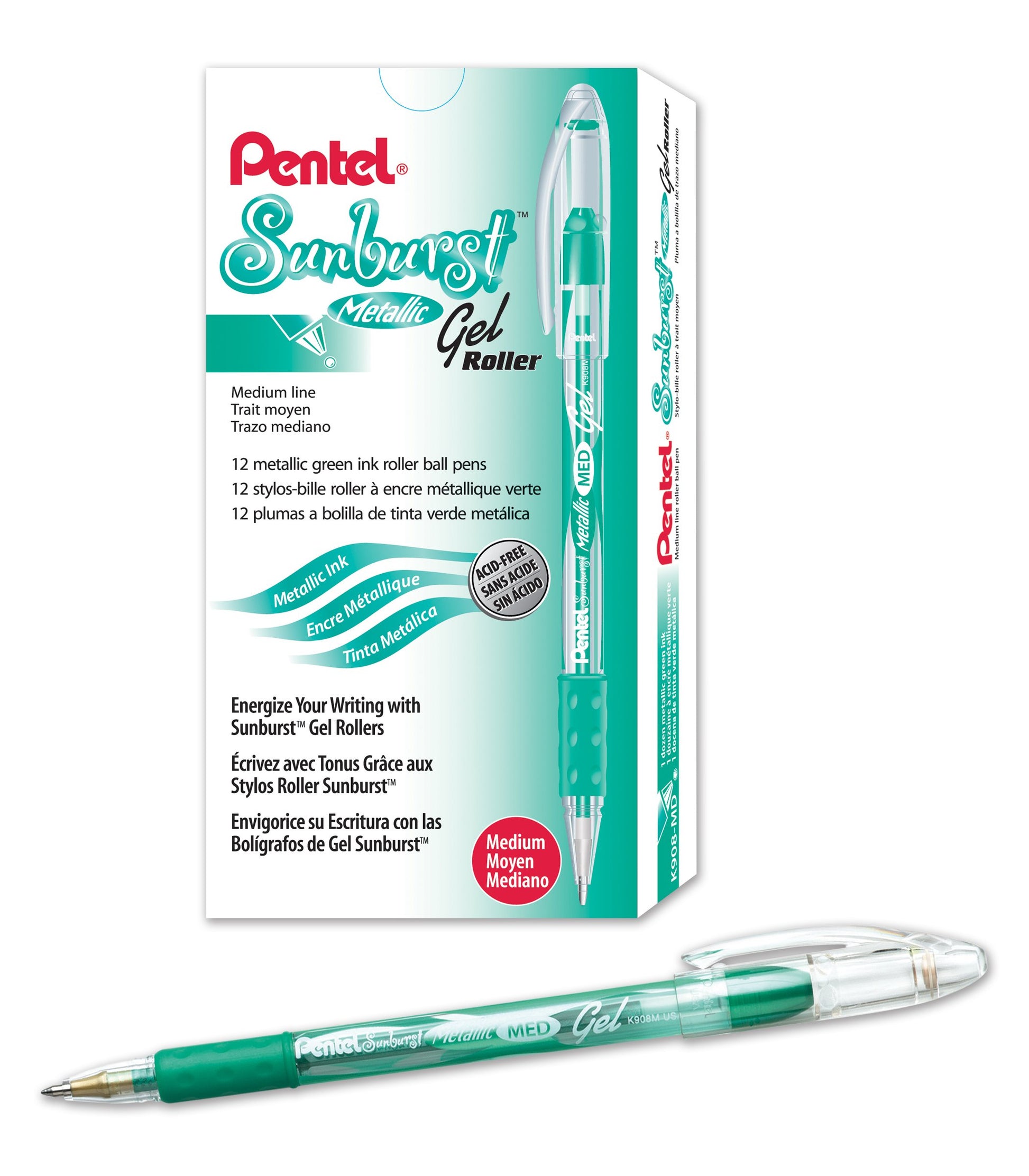 Pentel Sunburst Metallic Gel Pen, 0.8mm Tip Writes 0.4mm Line, Green/Transparent Barrel Green Ink