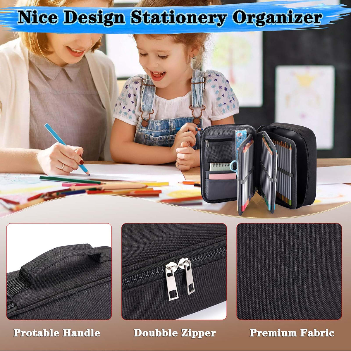 BTSKY® High Capacity Zipper Case- Multi-Functional for Stationery and Pencil, 72 Slots Colored
