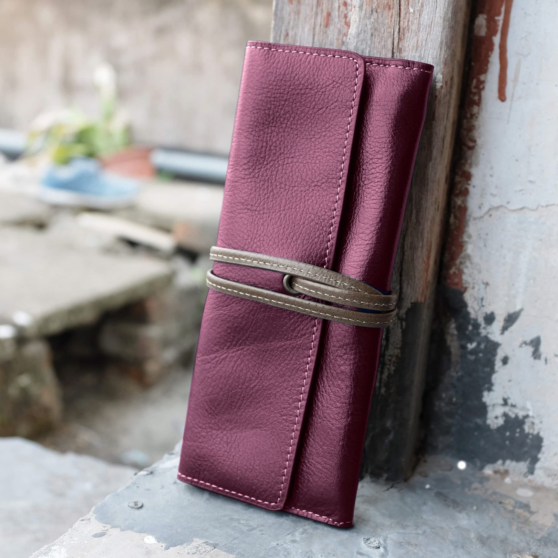 ZLYC Handmade Leather Pencil Case Soft Roll Bag Stationery Gift,Burgundy