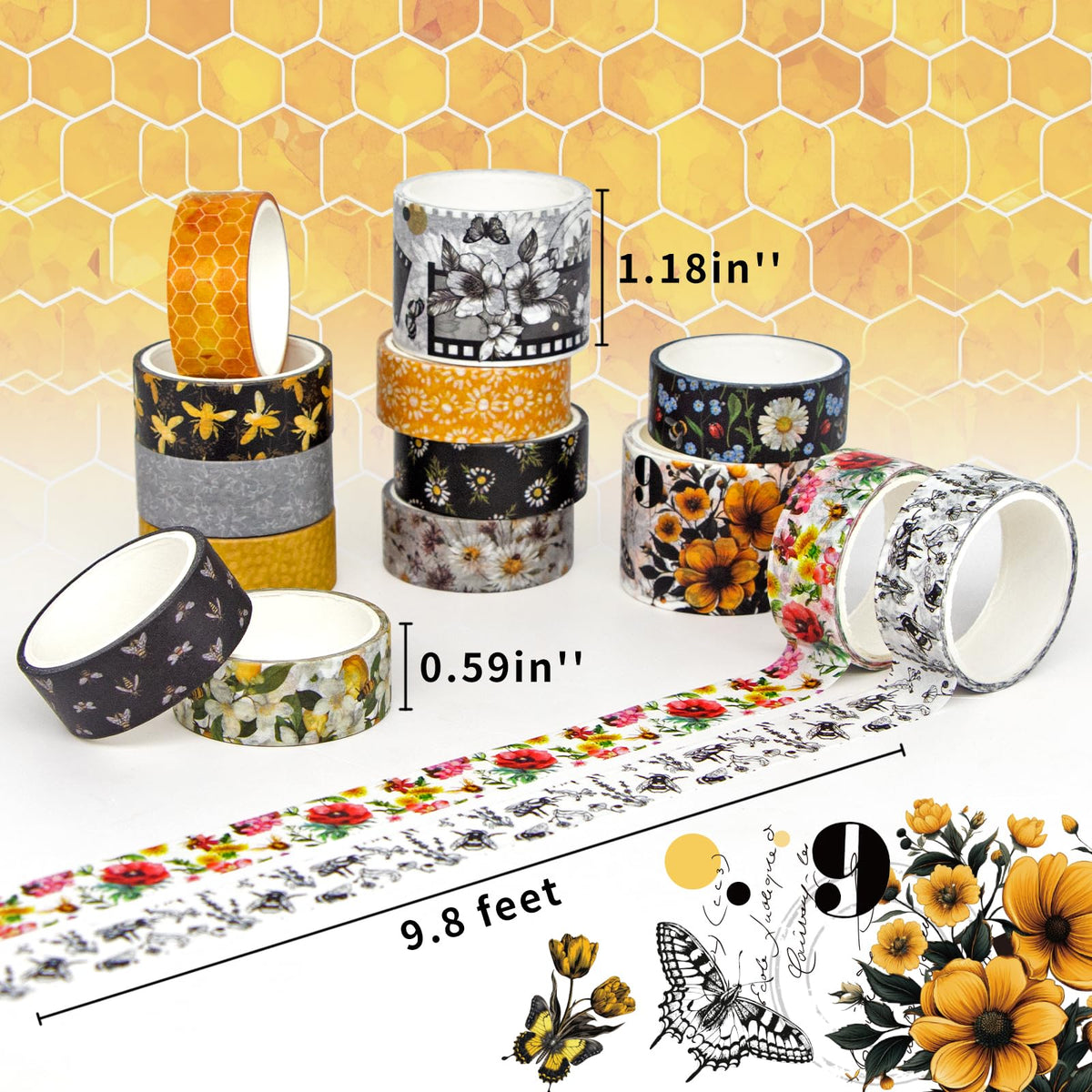 KOVANO Washi Tape Set 14 Rolls, Vintage Bee Floral Butterfly Botanical Washi Tape, Yellow Black