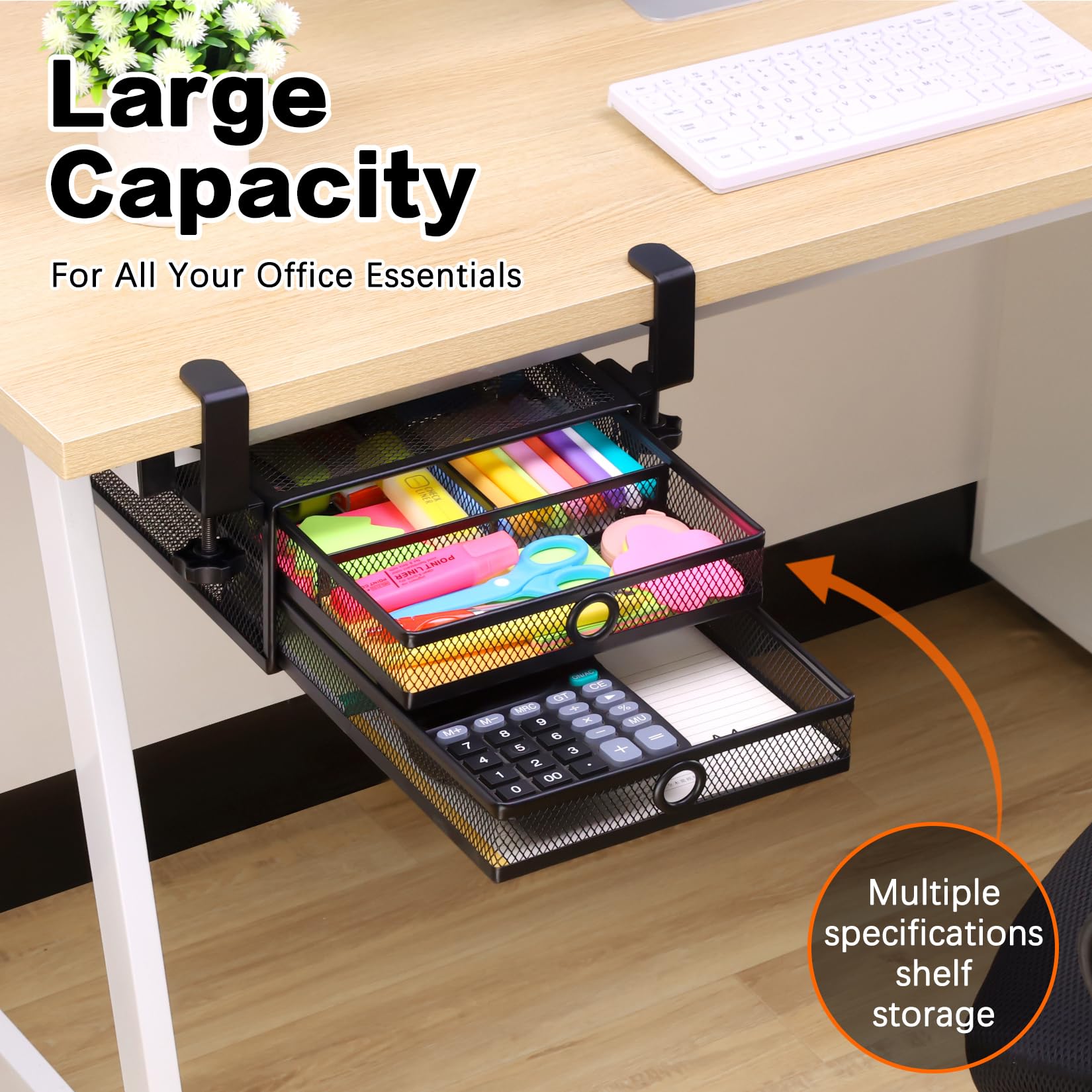 ROSYLINE Under Desk & Desktop Drawer Organizer, 2-Tier Big Capacity