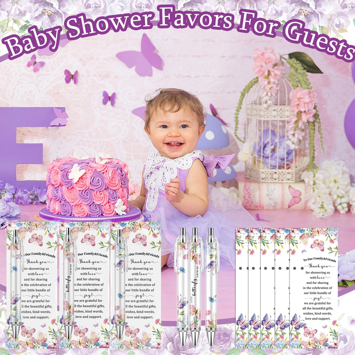 Lebsitey 50 Sets Pink Butterfly Theme Baby Shower Favors For Guest, Baby Shower Decorations Pens