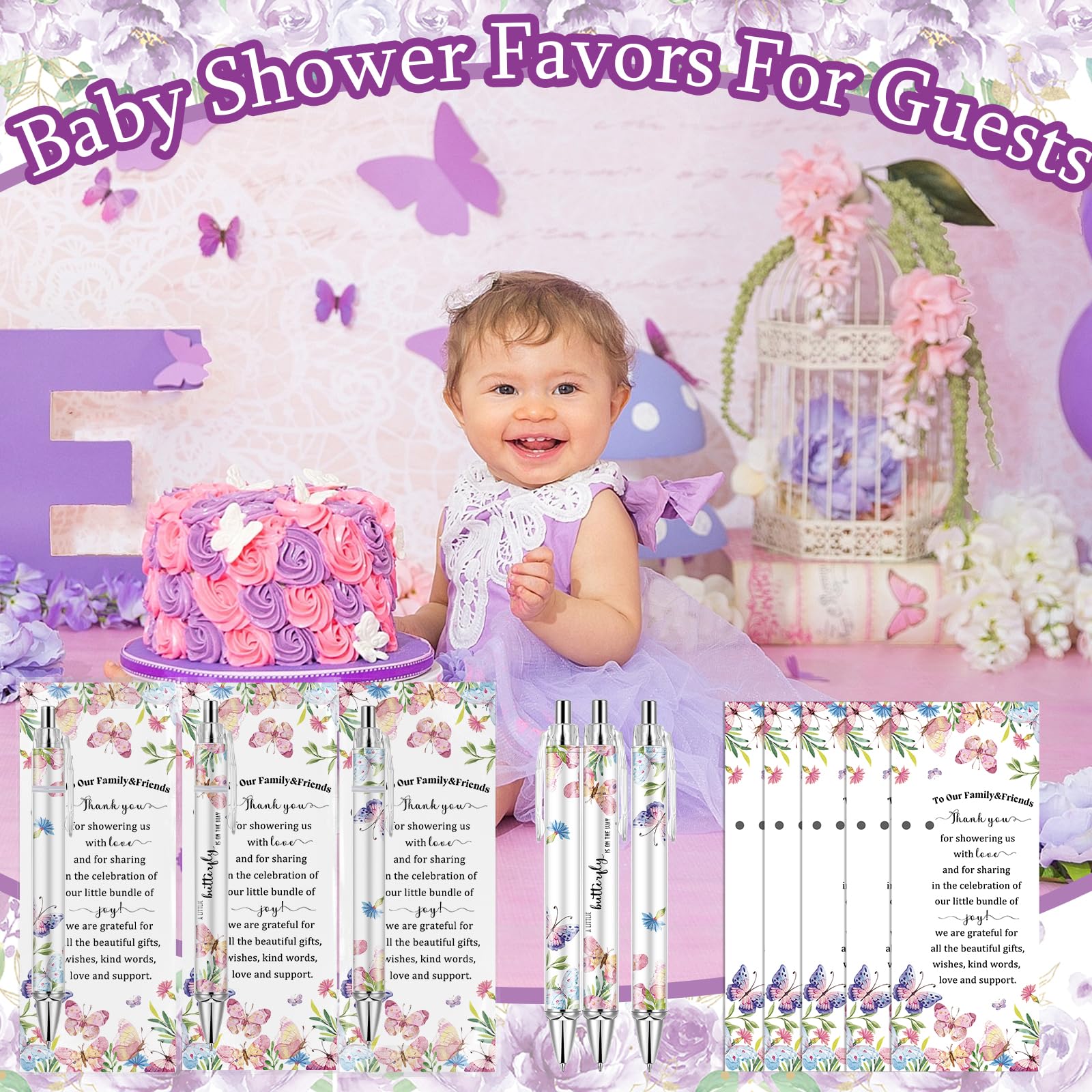 Lebsitey 50 Sets Pink Butterfly Theme Baby Shower Favors For Guest, Baby Shower Decorations Pens