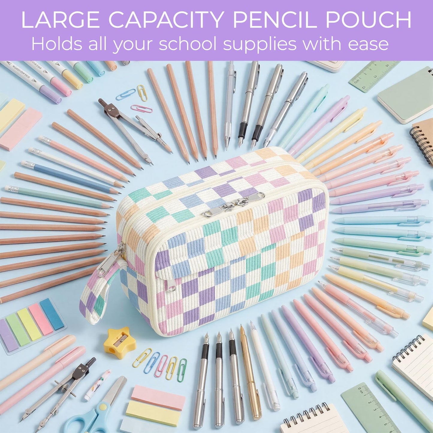 WOBAGMEN Cute Pencil Case,Large Corduroy Zippered Pencil Case Pouch, aesthetic Pencil Bag with