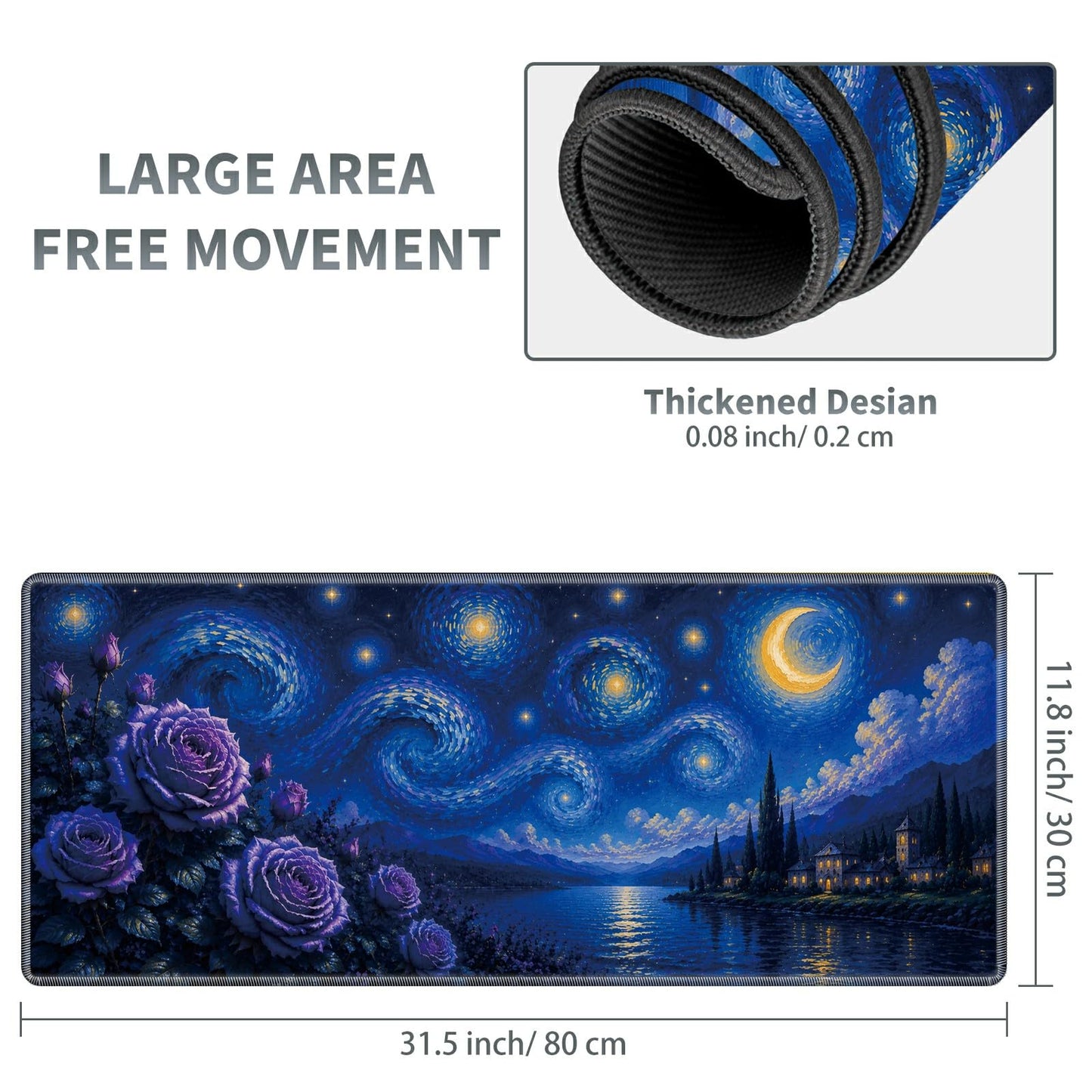 Moonlit Rose Lake Large Mouse Pad, 31.5 x 11.8 in Extended Desk Mat