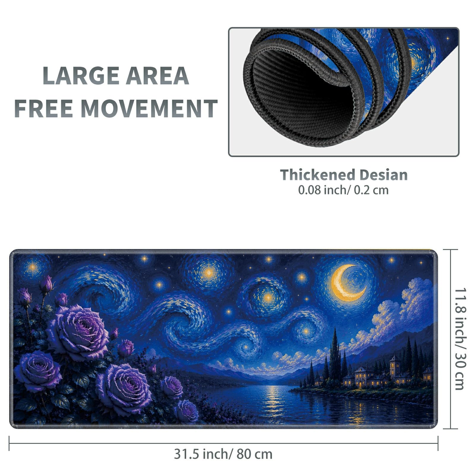 Moonlit Rose Lake Large Mouse Pad, 31.5 x 11.8 in Extended Desk Mat