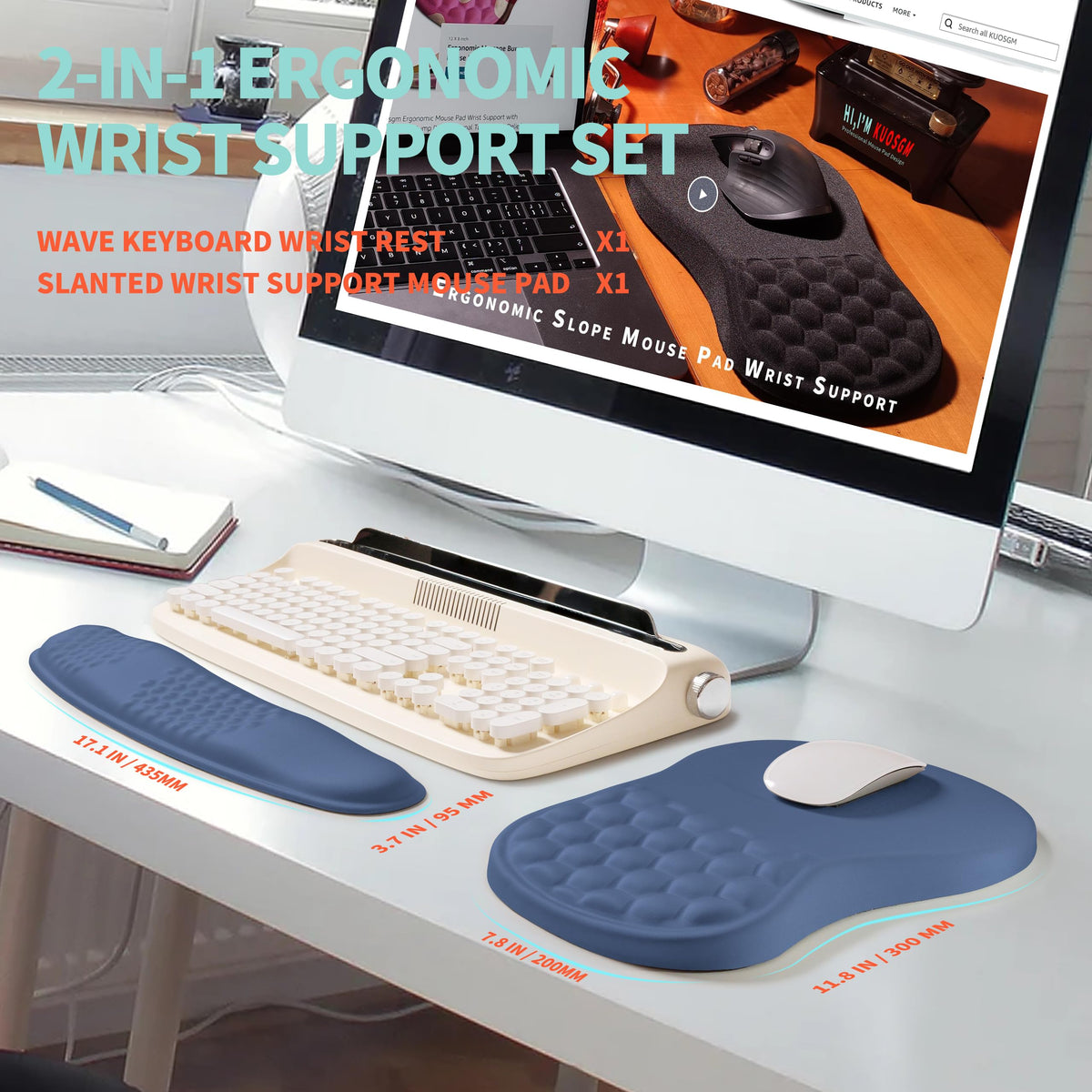 KUOSGM 2-in-1 Ergonomic Set, Wave Rise Keyboard Wrist Rest and Massage Bulge Slope Mouse Pad Wrist