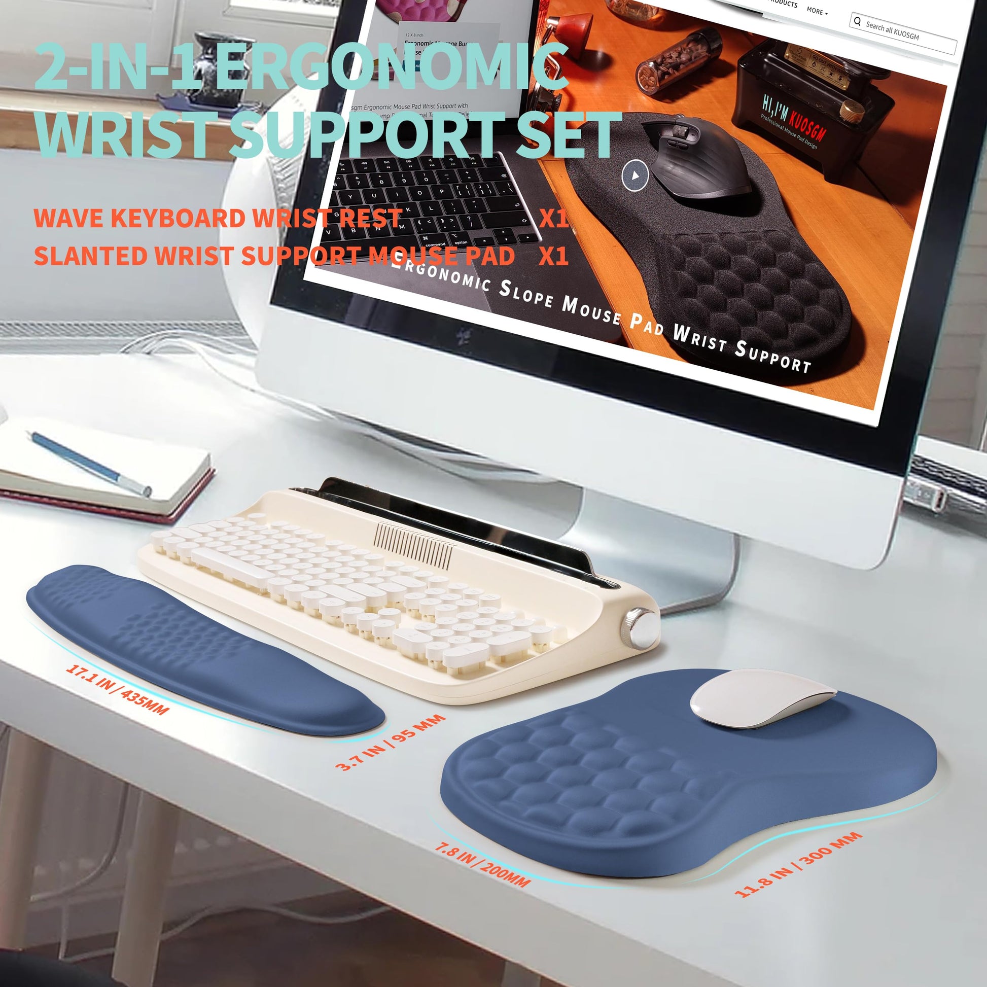 KUOSGM 2-in-1 Ergonomic Set, Wave Rise Keyboard Wrist Rest and Massage Bulge Slope Mouse Pad Wrist