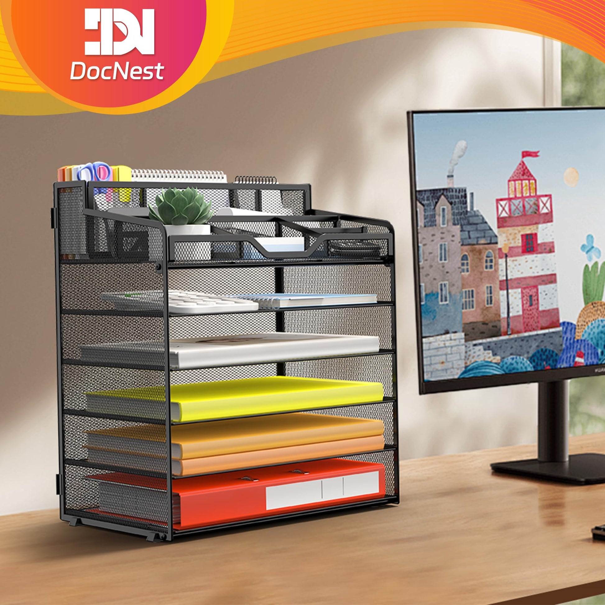 Docnest 6 Tier Mesh Desk Organizer with Letter Tray & Paper Sorter, Black