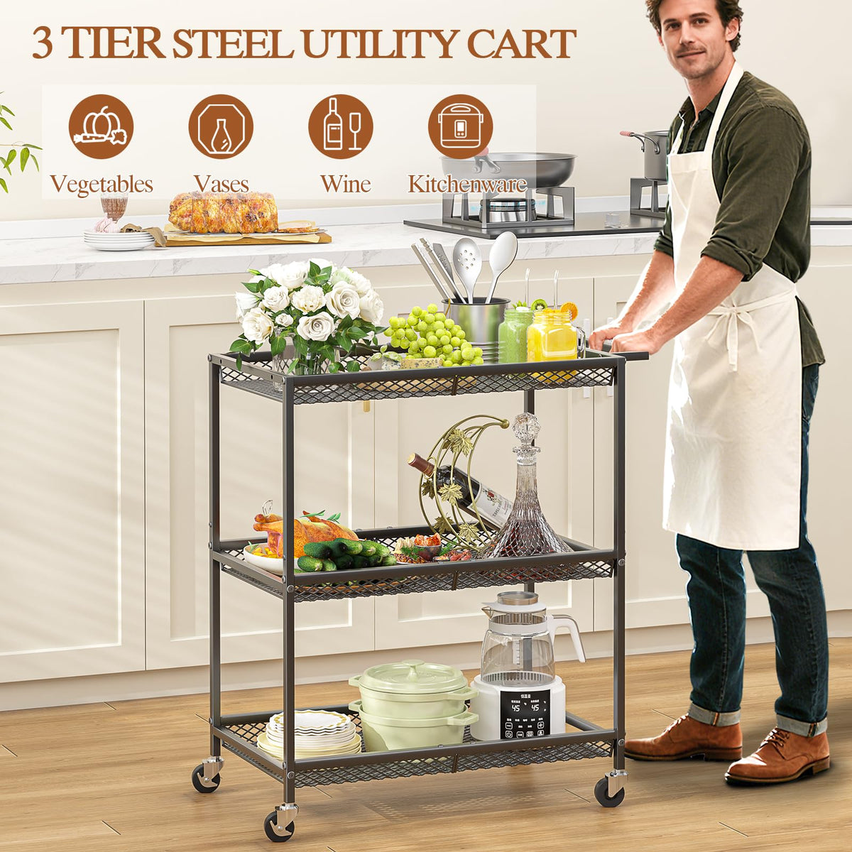 3 Tier Rolling Utility Kitchen Cart, Heavy Duty Wire Rolling Cart on Wheels, Commercial Metal