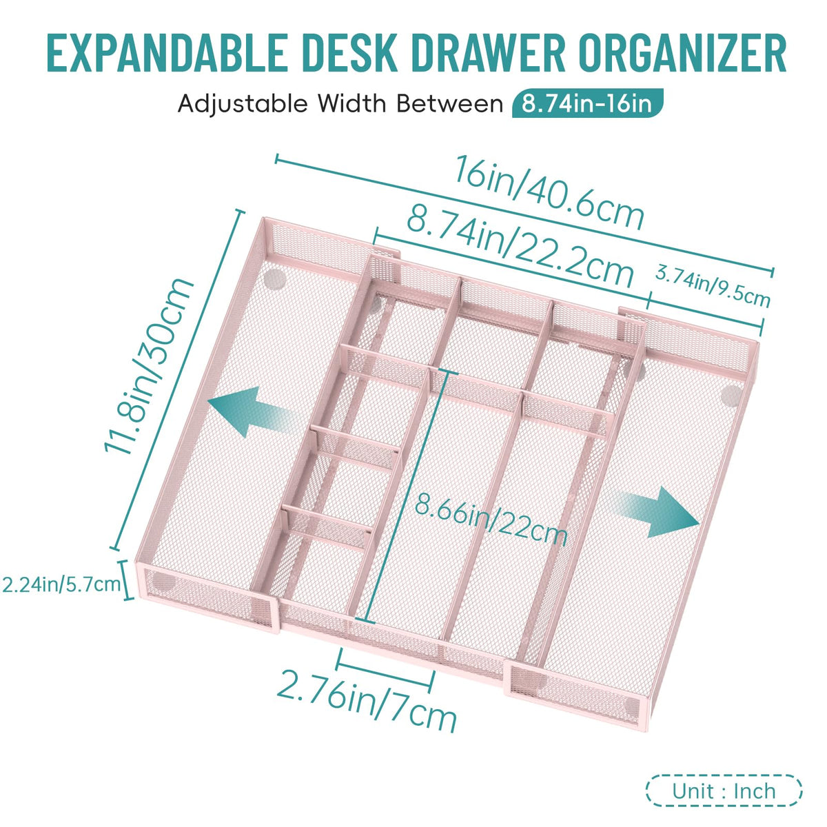ReePlan Expandable Desk Drawer Organizer, 10 Adjustable Compartments, Pink