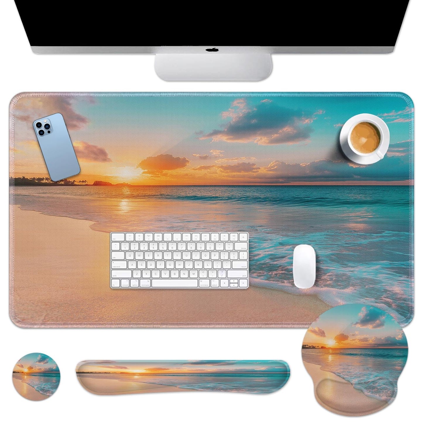Arttown Keyboard Mouse Pad Set, 4 in 1 Desk Mat Set Ocean Beach
