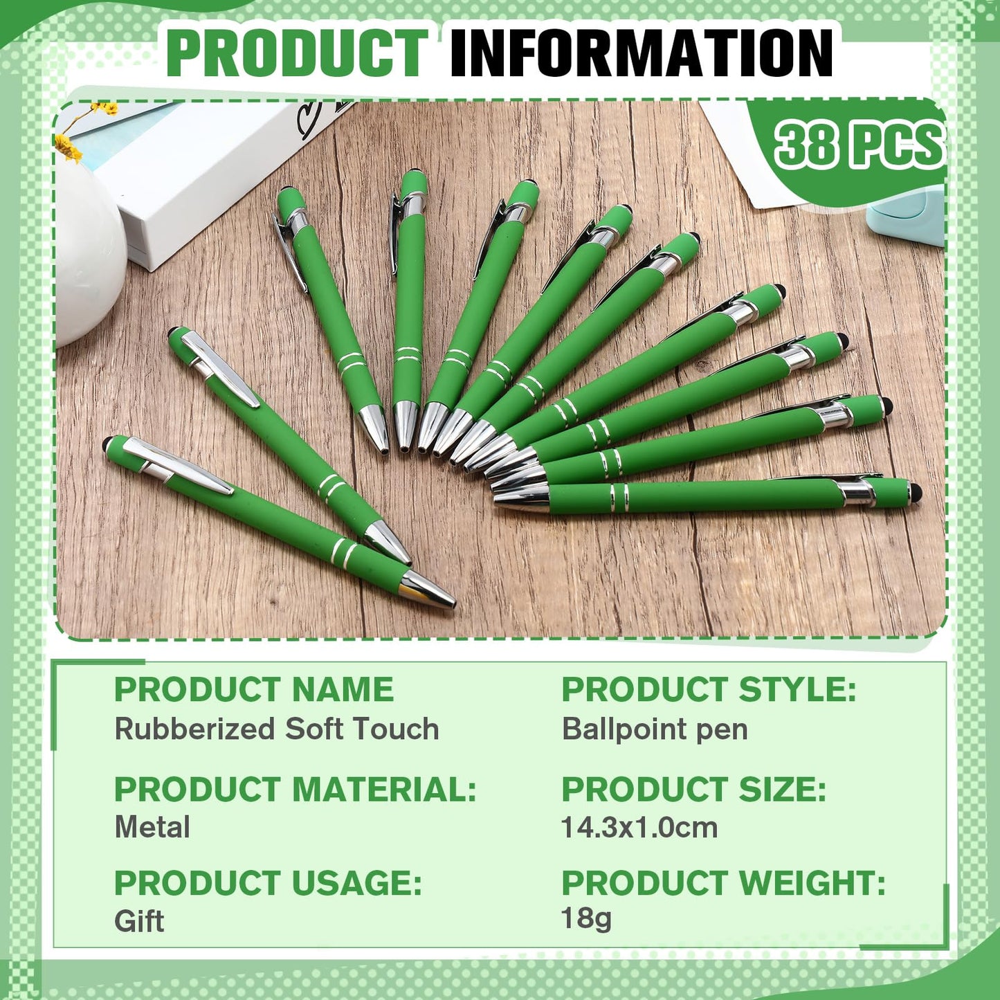 Zonon 38 Pcs Stylus Ballpoint Pens, Metal Rubberized Grip, Green