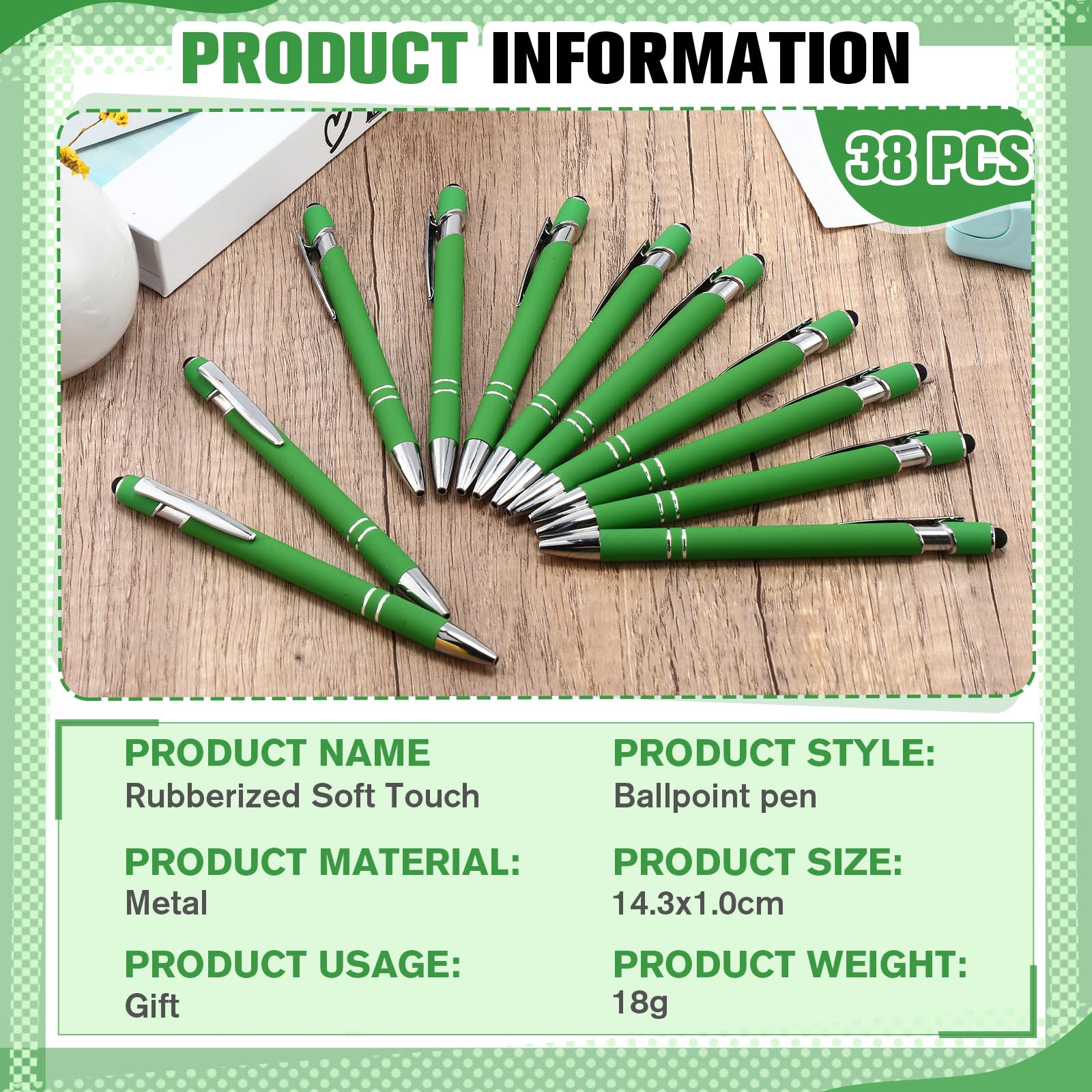 Zonon 38 Pcs Stylus Ballpoint Pens, Metal Rubberized Grip, Green