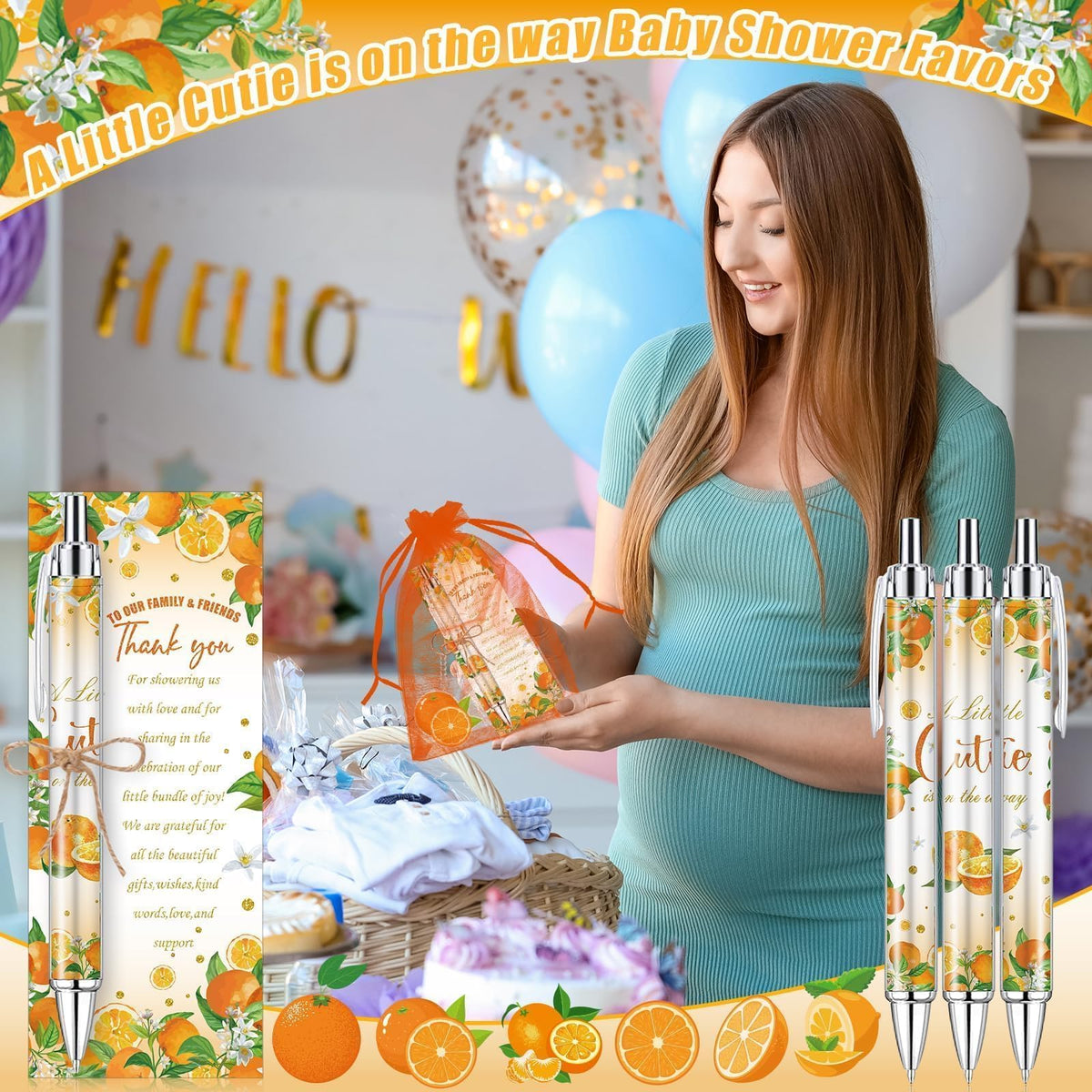 EYNDYN 145 Pieces Little Cutie Baby Shower Favors for Guest Orange Ballpoint Pens and Keychains