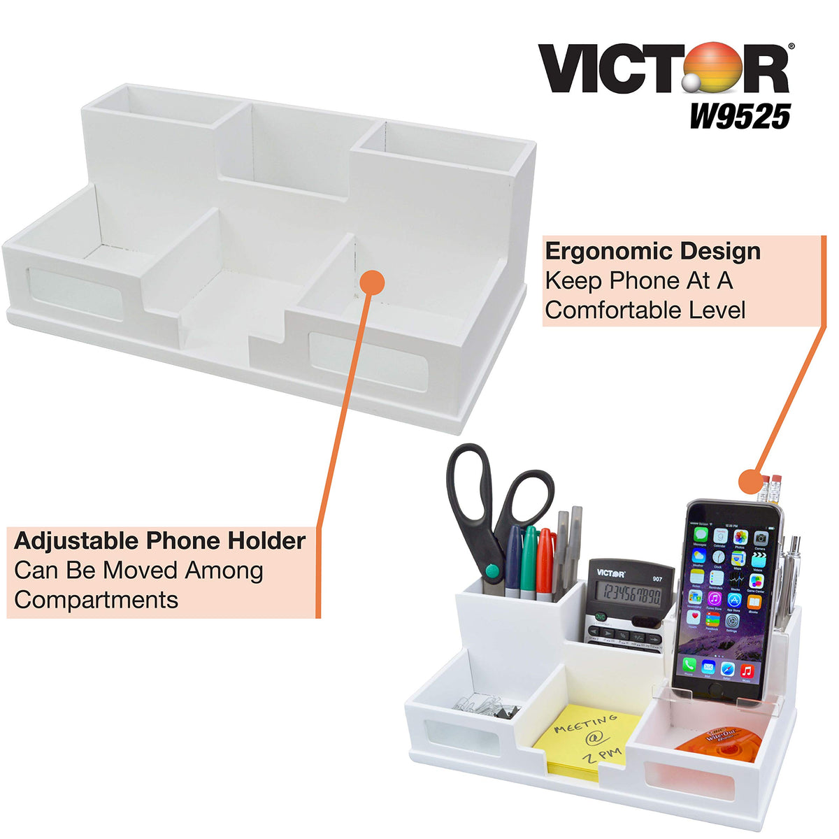 Victor W9525 Pure White Desk Organizer with Smart Phone Holder™