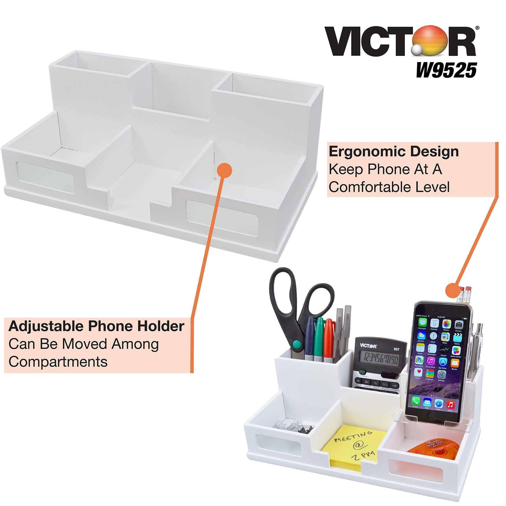 Victor W9525 Pure White Desk Organizer with Smart Phone Holder™