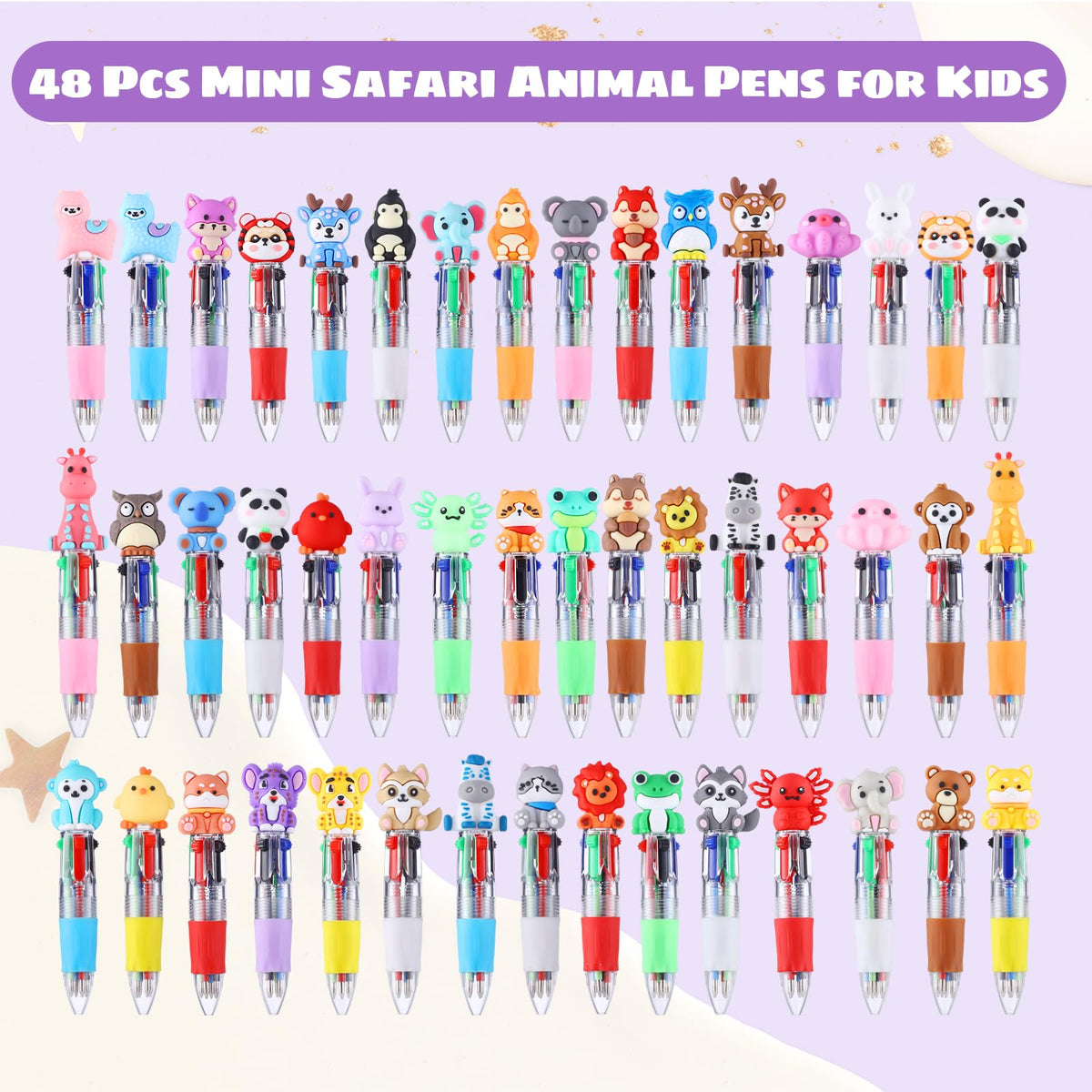 BESARME 48 Packs Safari Animal Multicolor Pen in One, Fun Pens for Kids