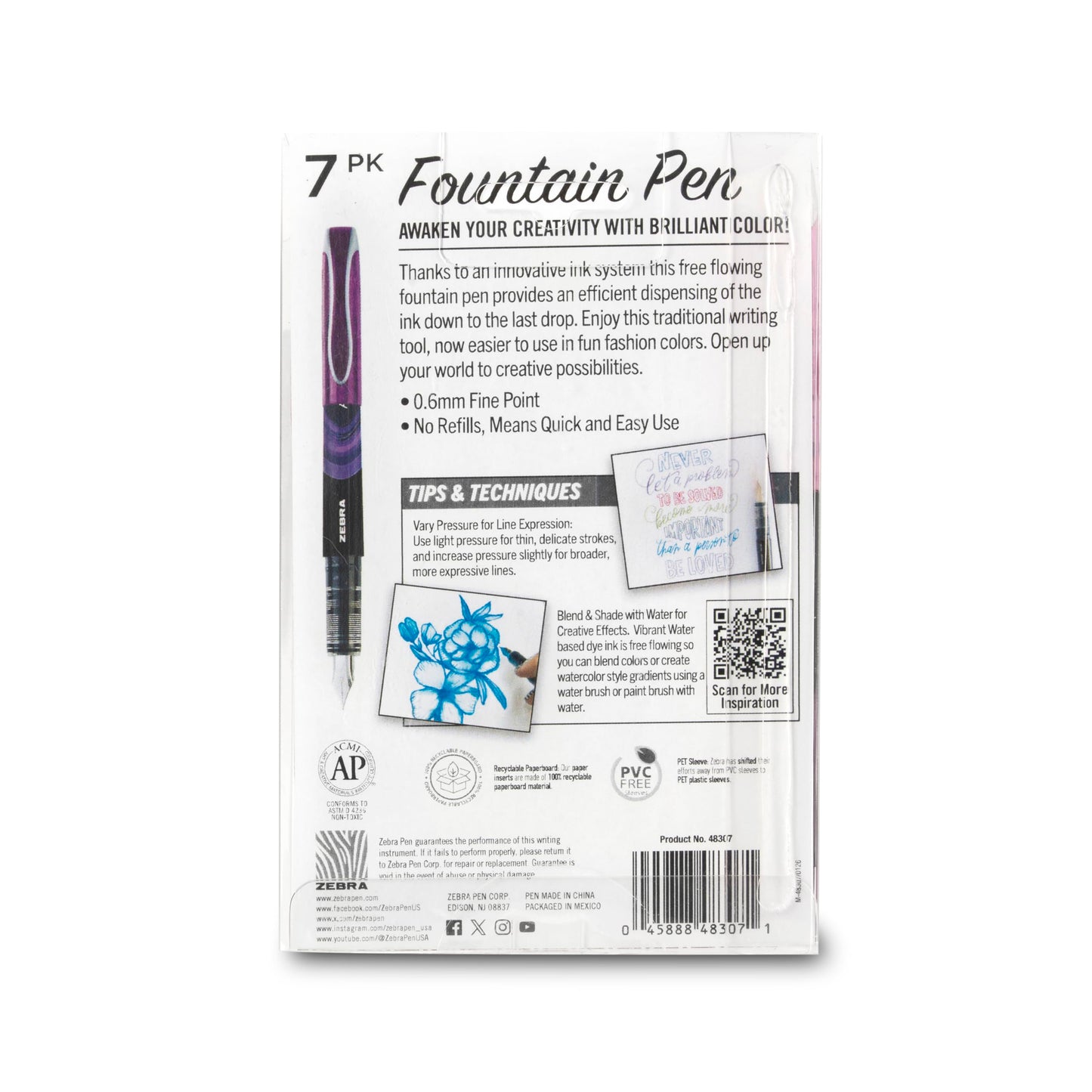 Zebra Pen Fountain Pen, Free-Flowing Liquid Assorted Ink, 0.6mm, 7-Pack