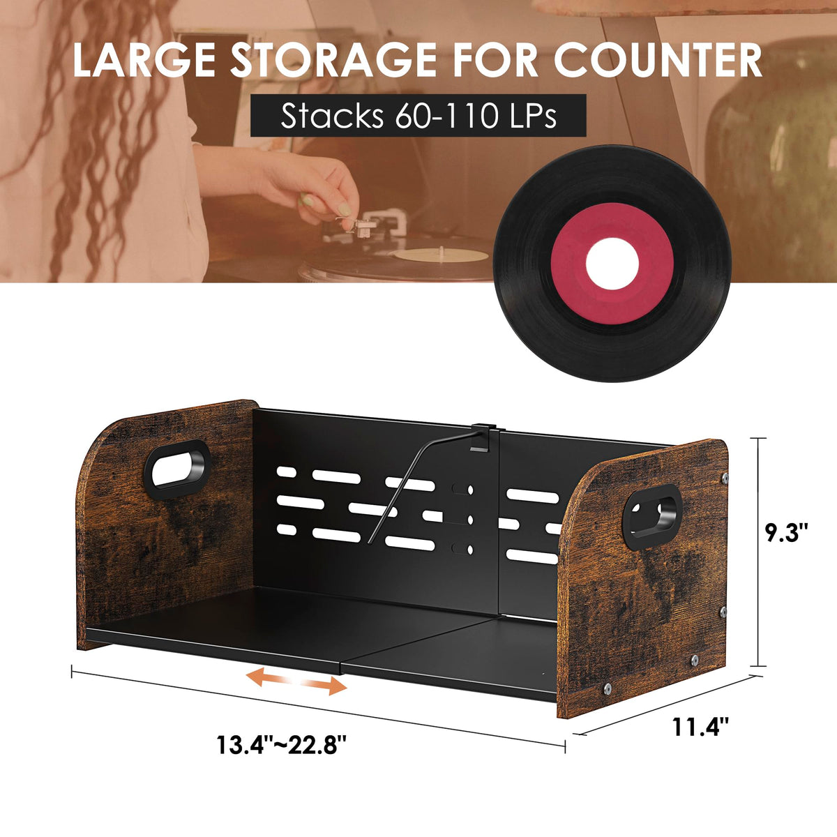 RUILALIFE Vinyl Record Storage Holder, Expandable Record Holder Rack With Movable Divider, 110 LP