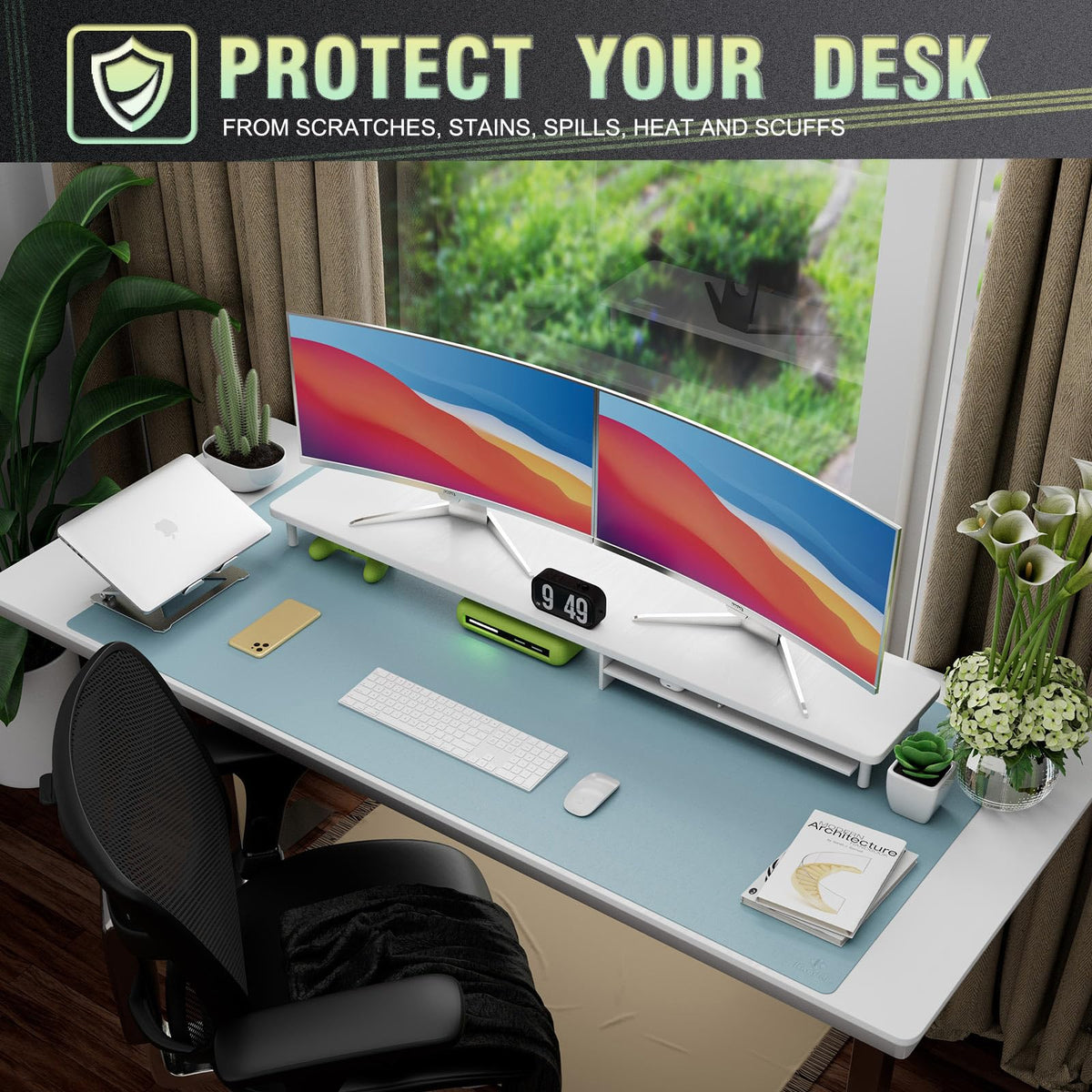 K KNODEL Extra Large Desk Mat, Leather Mouse Pad (47.2"x23.6", Light Blue)