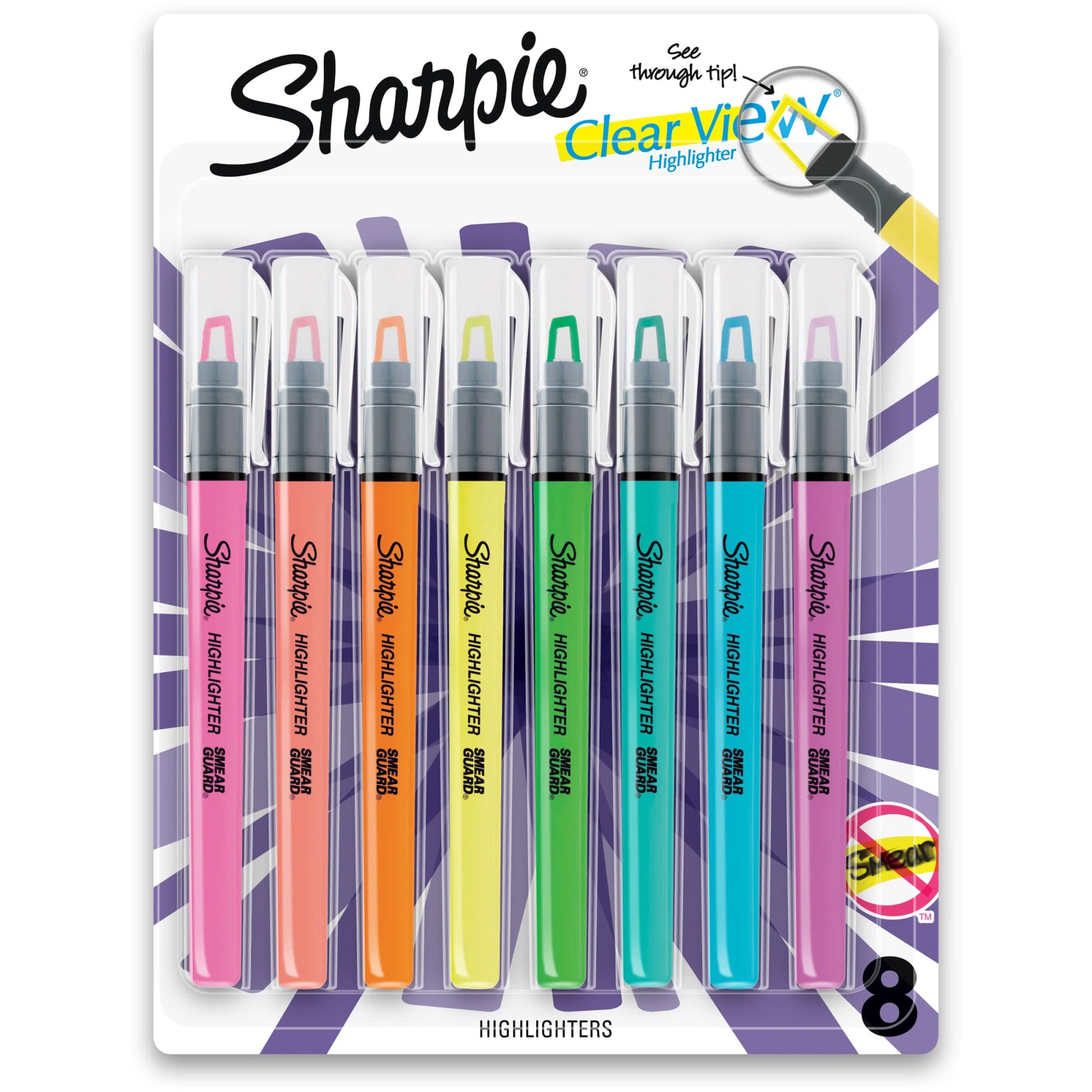 Sharpie® Clear View® Stick Highlighters, Chisel Tip, Assorted Ink Colors, Pack Of 8