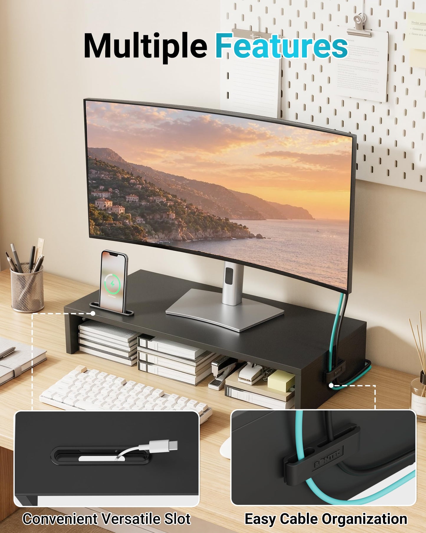 1home Ergonomic Monitor Stand Riser, 21.3 Inch Wood Desktop Stand with Cellphone Holder and Cable
