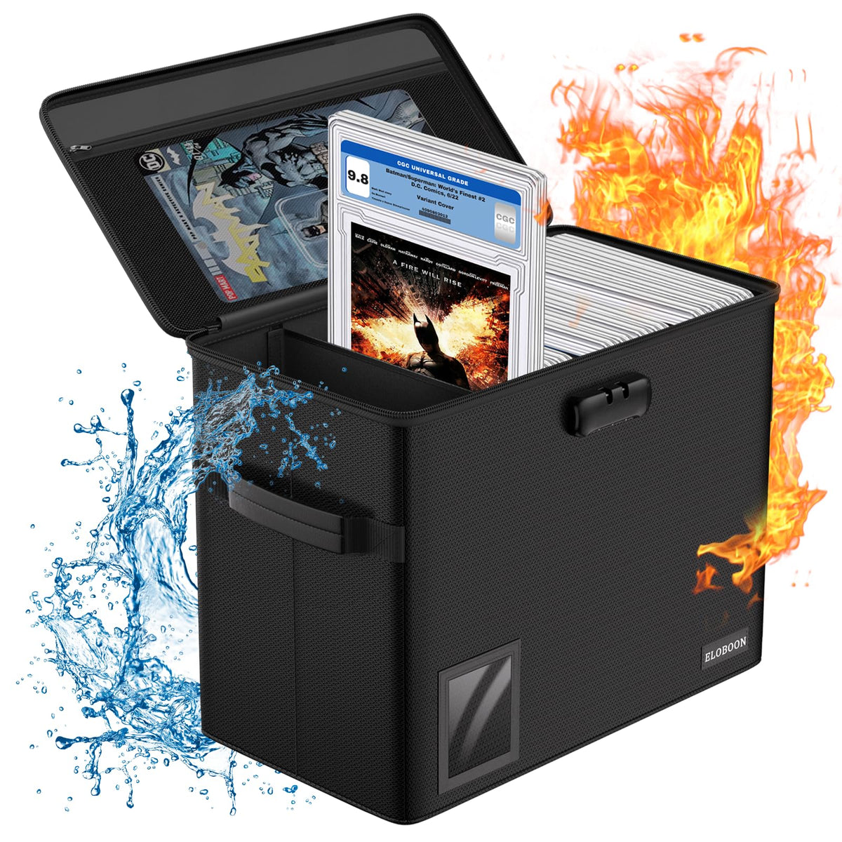 ELOBOON Fireproof Graded Comic Book Storage Box with Lock for 30 Comics