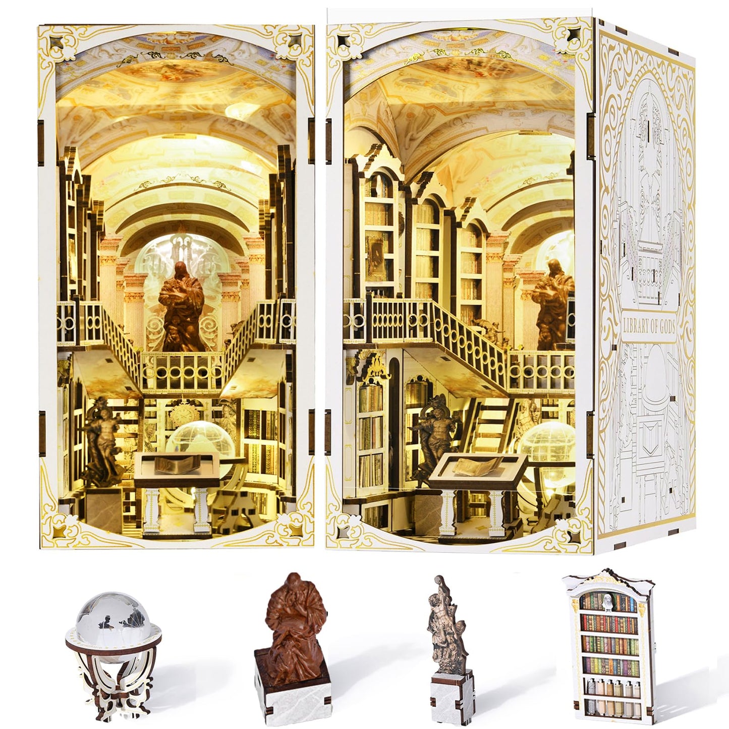 MiniCity Library of Gods Book Nook Kit, 3D Wooden Bookshelf Puzzle with LED