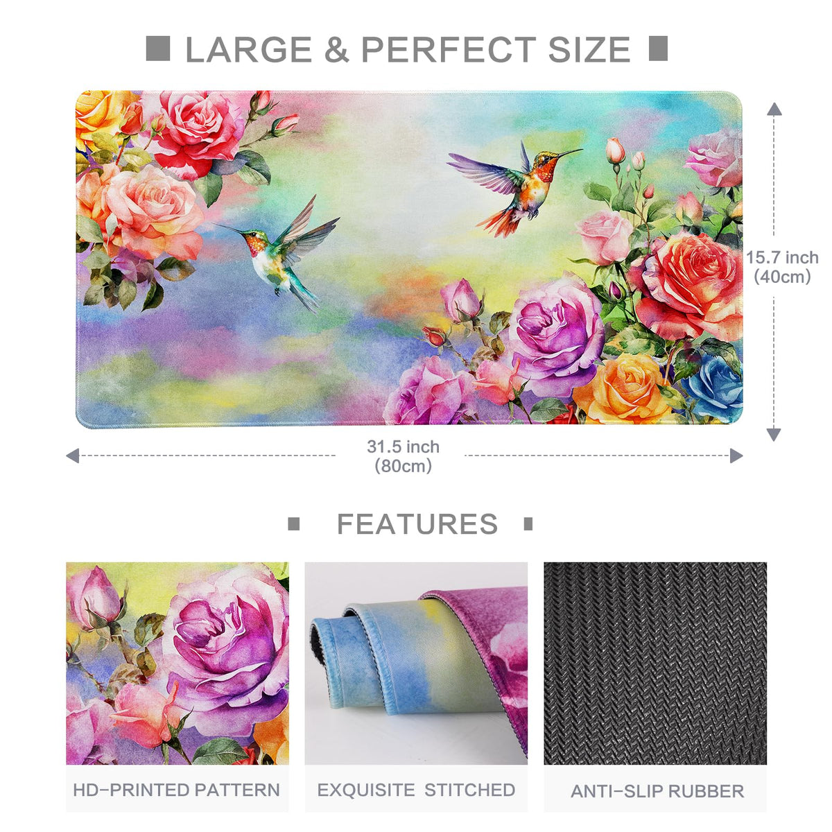 Colorful Large Mouse Pad, Pink Floral Desk Mat for Desktop, Women Girls Waterproof Gaming Mousepad