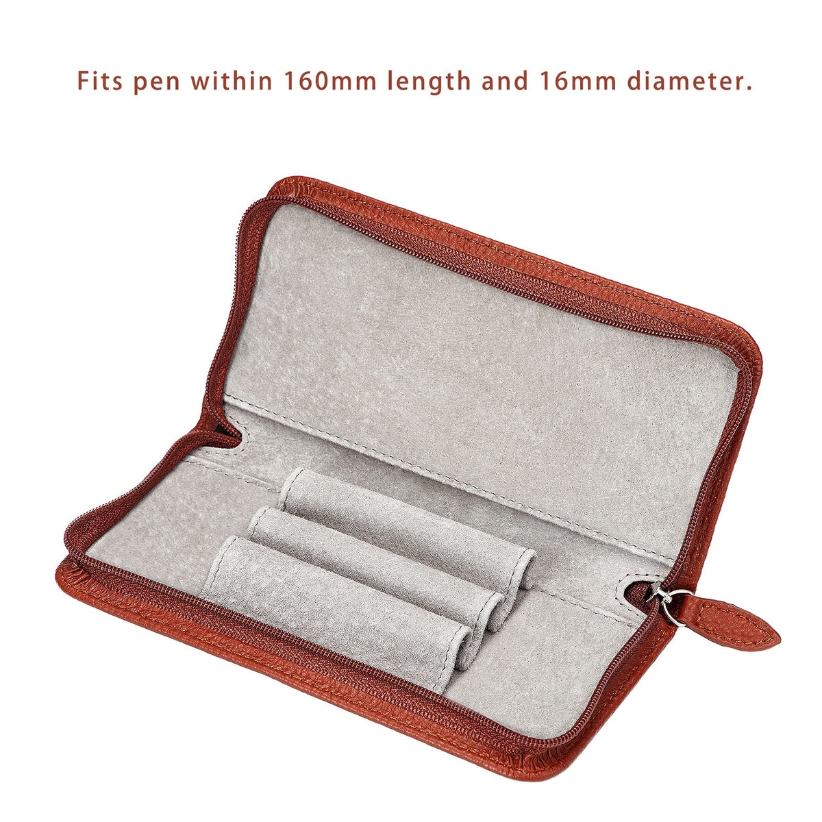 Lanxivi Genuine Leather Fountain Pen Case 3 Divided Slots Coffee Color, Zippered Pen Case Pouch