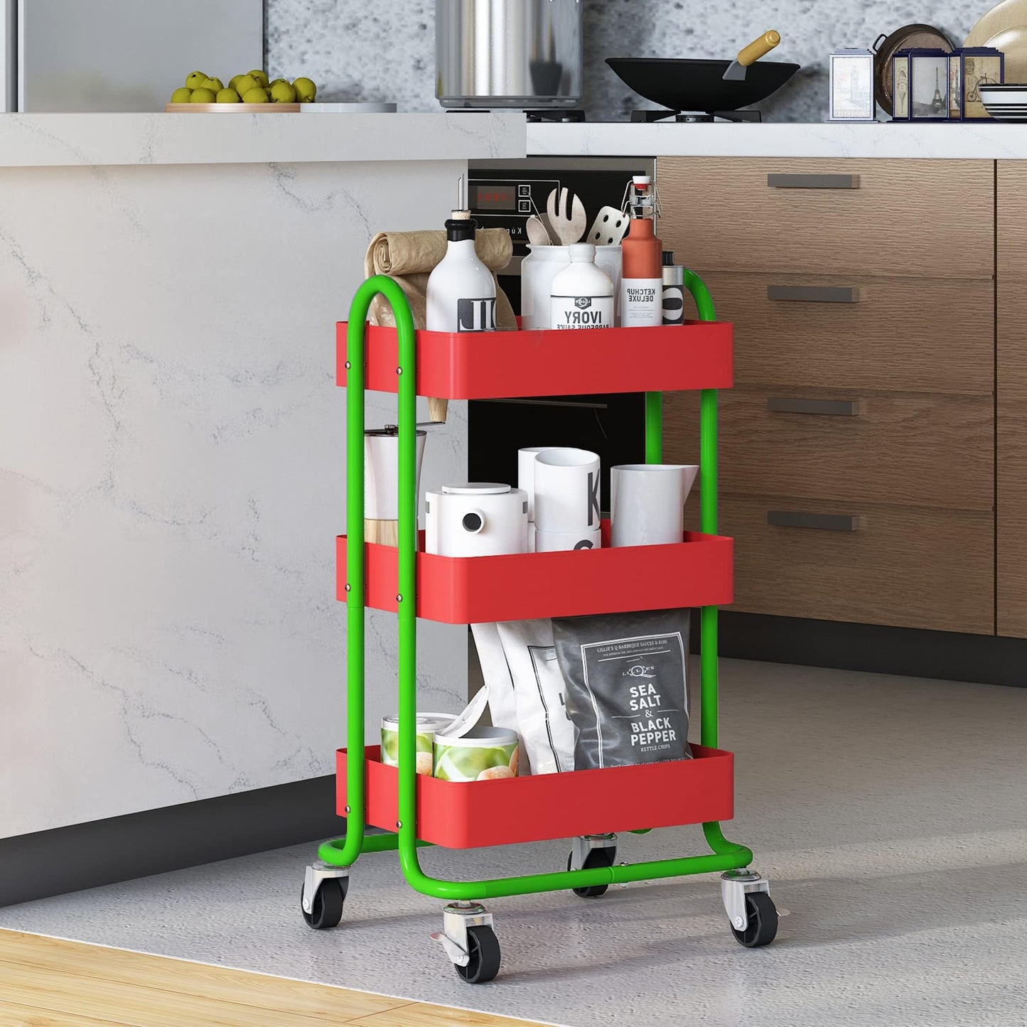 Elitehouse Metal Rolling Cart,3-Tier Metal Rolling Cart with Wheels,3 Tier Utility Cart with Wheels