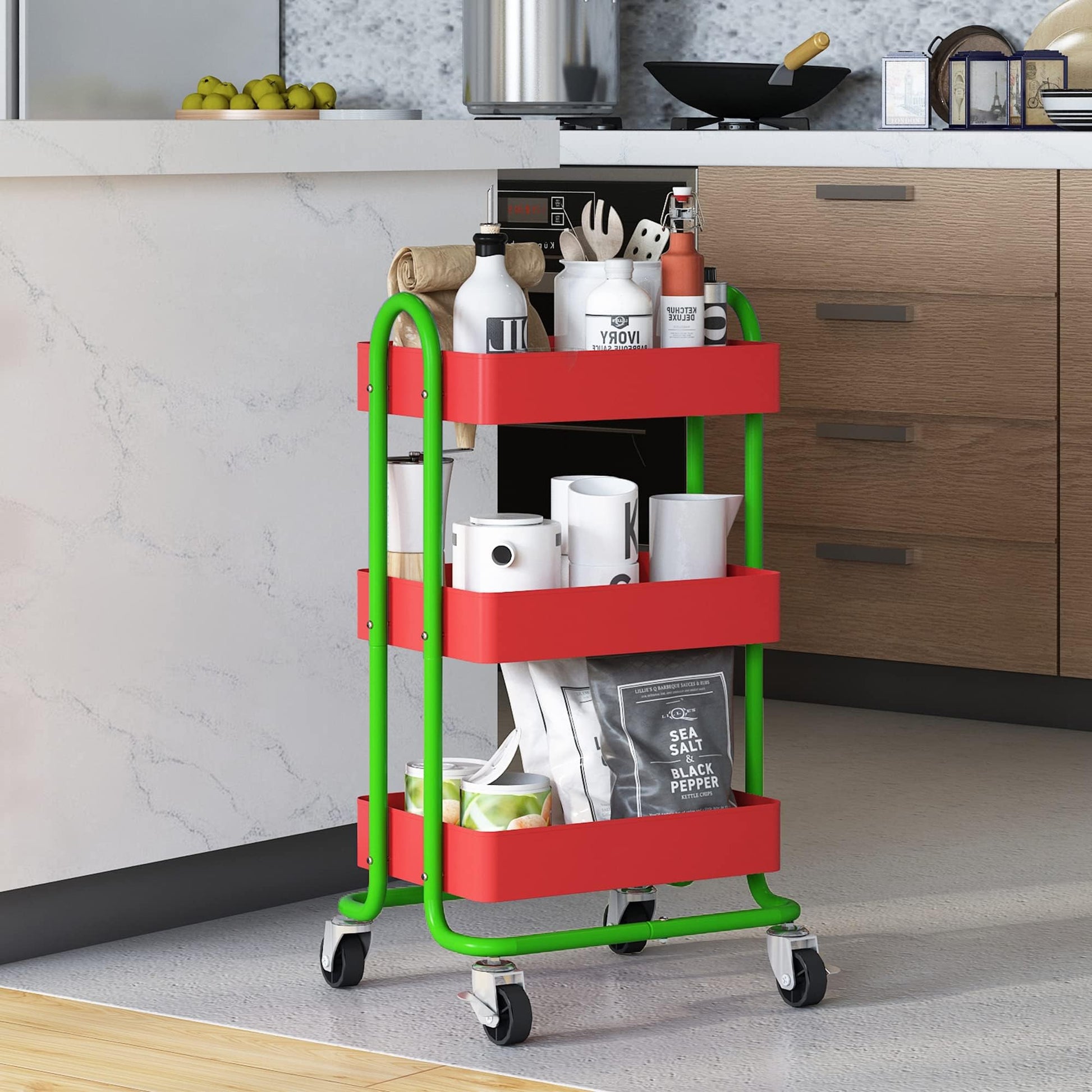 Elitehouse Metal Rolling Cart,3-Tier Metal Rolling Cart with Wheels,3 Tier Utility Cart with Wheels
