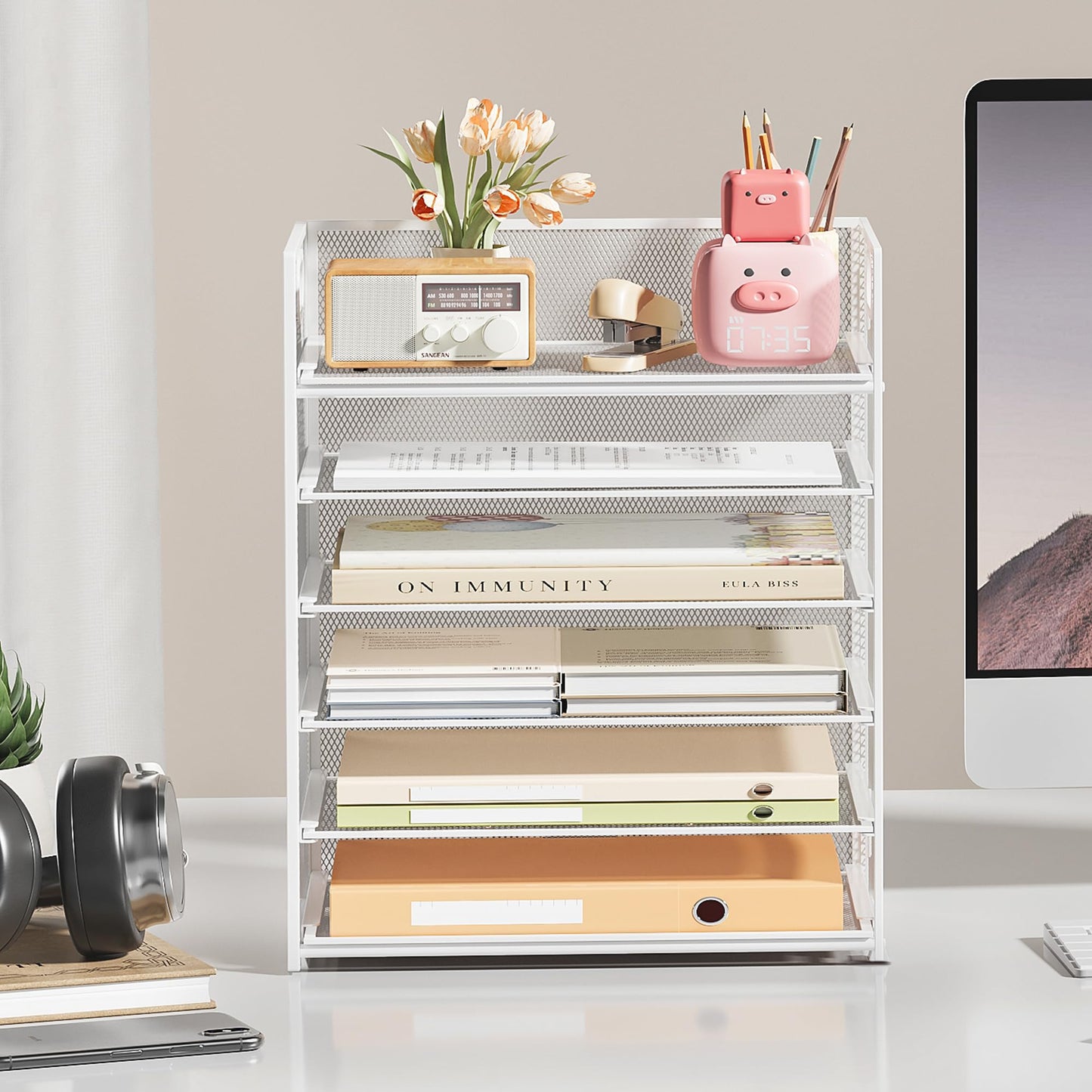Subekyu 6-Tier Desk Paper Organizer, Desktop File Letter Tray with Handle, Document Sorter and