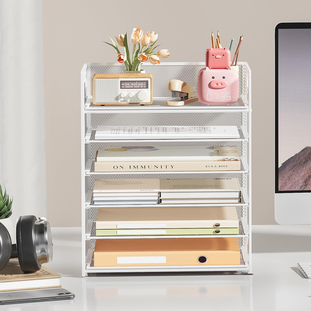 Subekyu 6-Tier Desk Paper Organizer, Desktop File Letter Tray with Handle, Document Sorter and