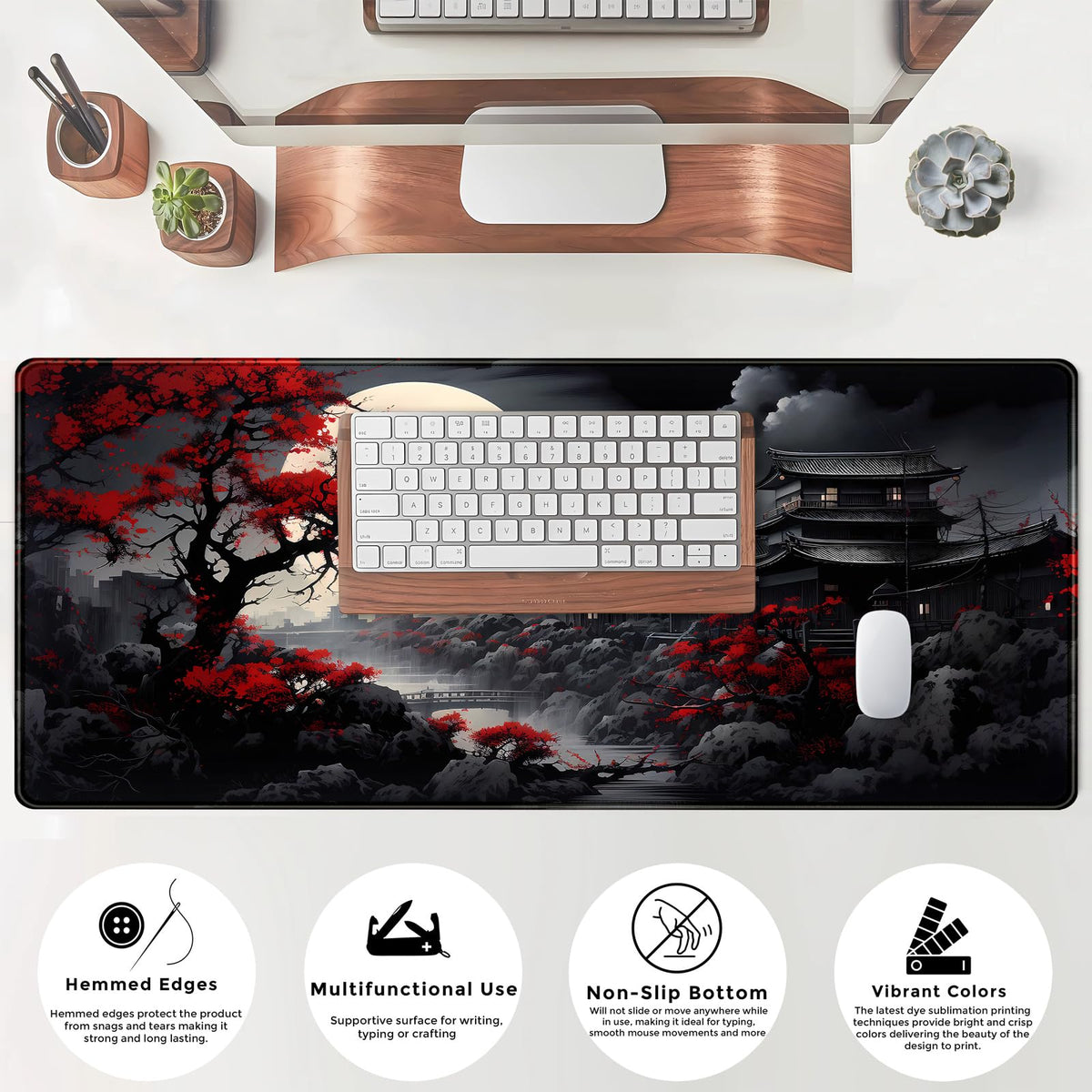 Riverside Full Moon Desk Mat Japanese Desk Pad Black Red Large Mouse Pad Gaming Mousepad Extended